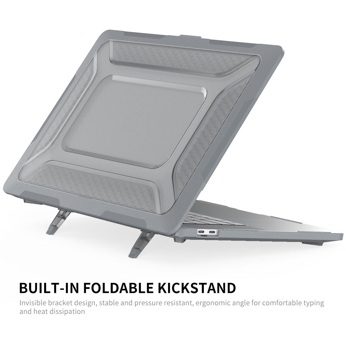 for MacBook Pro 16 inch (2019) A2141 (EU Version) Hard PC Shock-Absorbing Cover Kickstand Protective Laptop Case Shell with TPU Keyboard Film + Anti-Dust Plugs - Khaki