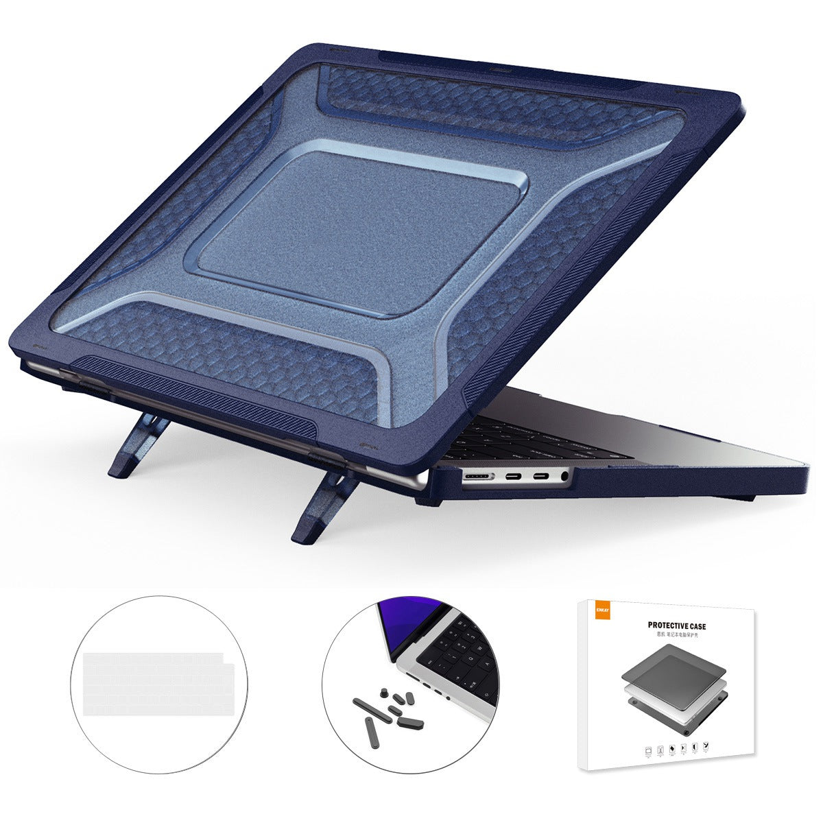 for MacBook Pro 14 inch (2021) A2442 (EU Version) Hard PC Shockproof Laptop Shell Fold Kickstand Protective Cover with TPU Keyboard Film + Anti-Dust Plugs - Blue