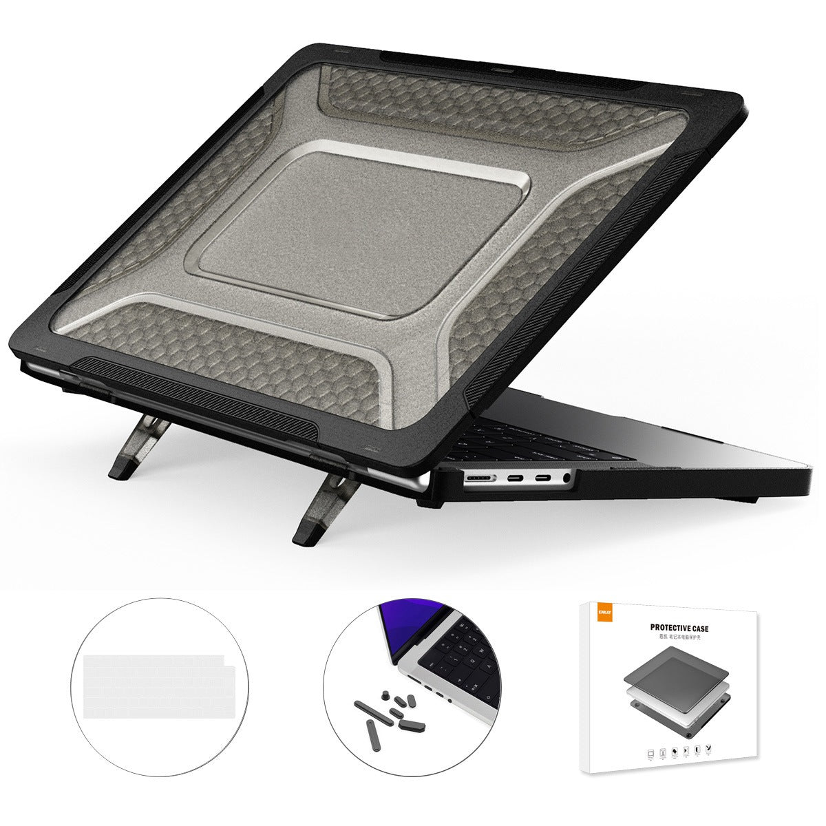 for MacBook Pro 14 inch (2021) A2442 (EU Version) Hard PC Shockproof Laptop Shell Fold Kickstand Protective Cover with TPU Keyboard Film + Anti-Dust Plugs - Black