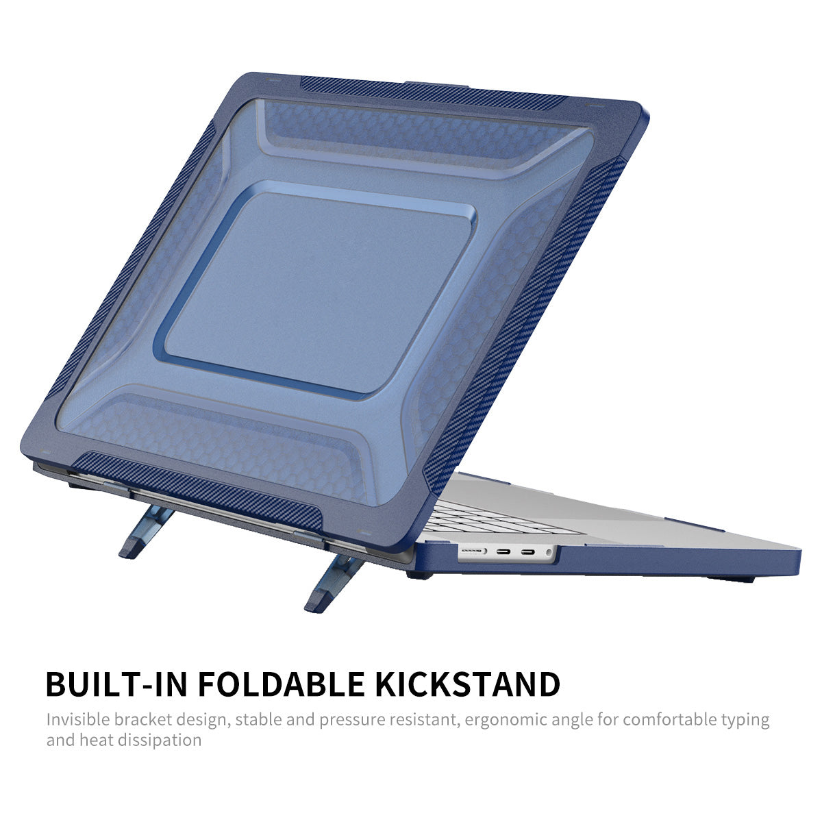 for MacBook Pro 14 inch (2021) A2442 (EU Version) Hard PC Shockproof Laptop Shell Fold Kickstand Protective Cover with TPU Keyboard Film + Anti-Dust Plugs - Grey