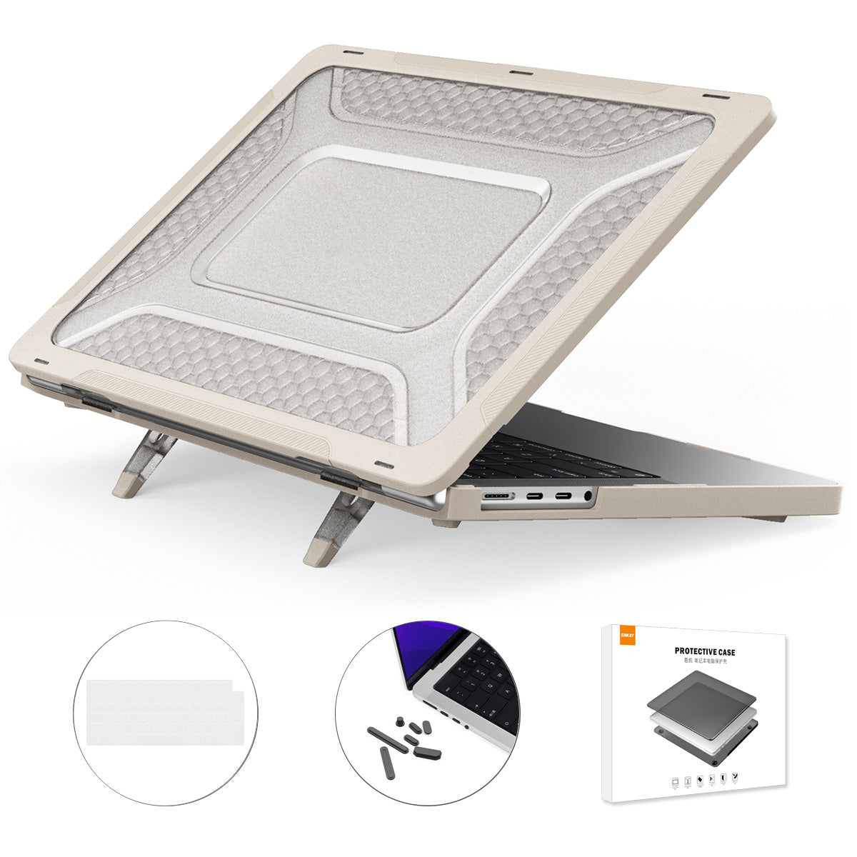 for MacBook Pro 14 inch (2021) A2442 (EU Version) Hard PC Shockproof Laptop Shell Fold Kickstand Protective Cover with TPU Keyboard Film + Anti-Dust Plugs - Khaki