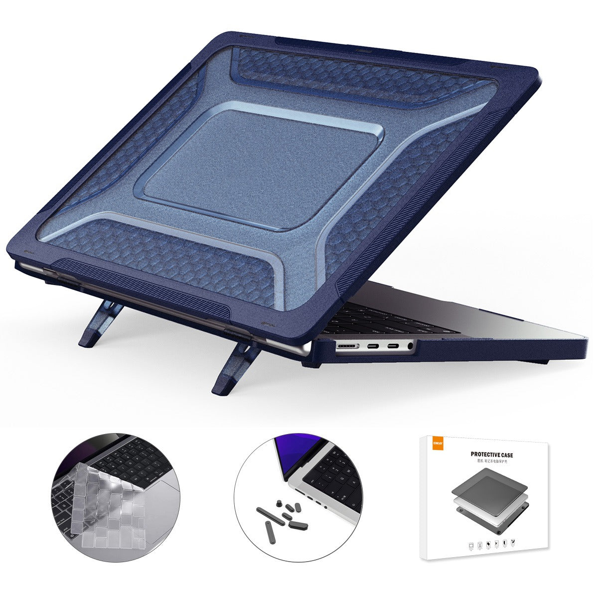 for MacBook Pro 14 inch (2021) A2442 (US Version) Hard PC Kickstand Cover 3-in-1 Laptop Computers Case with TPU Keyboard Film + Anti-Dust Plugs - Blue