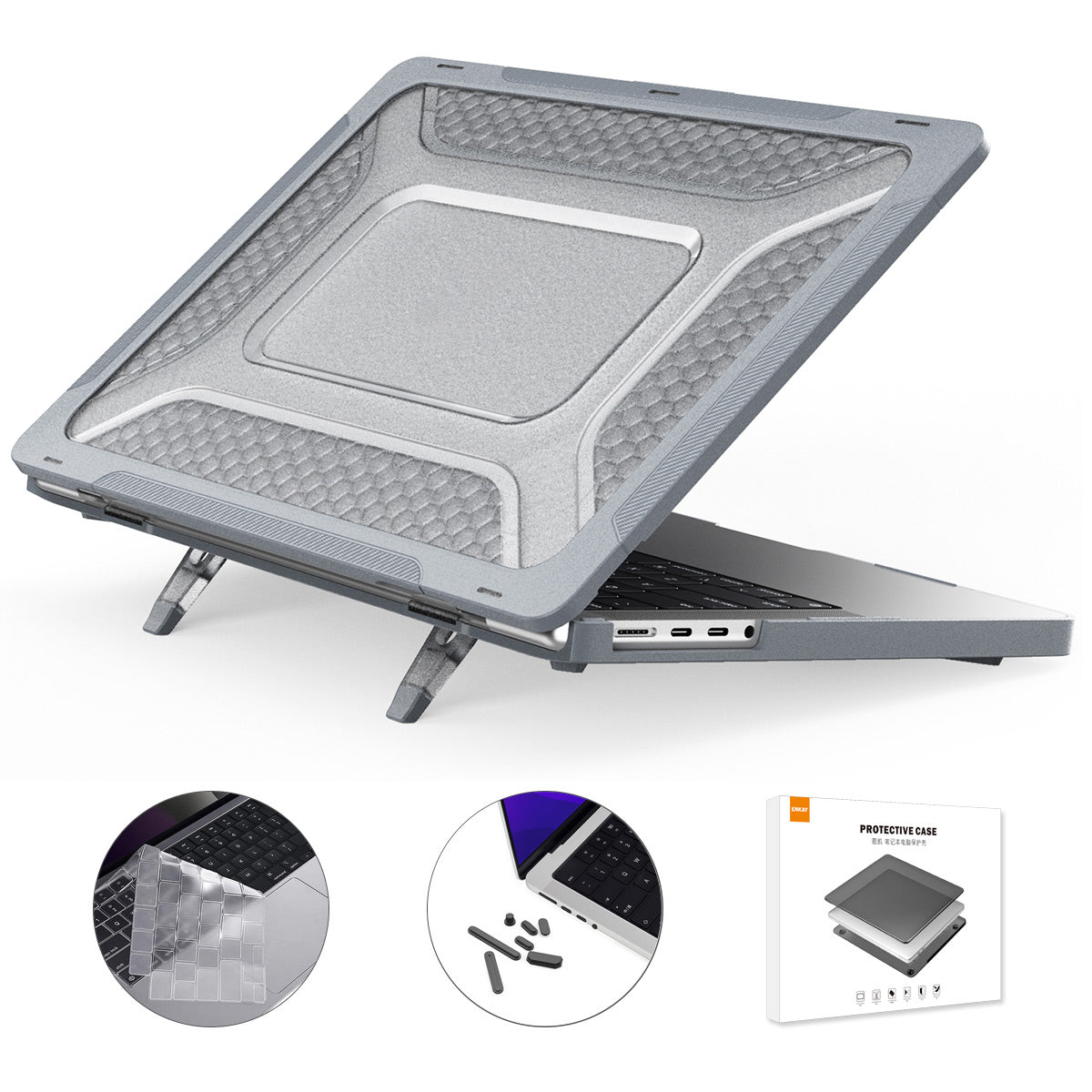 for MacBook Pro 14 inch (2021) A2442 (US Version) Hard PC Kickstand Cover 3-in-1 Laptop Computers Case with TPU Keyboard Film + Anti-Dust Plugs - Grey