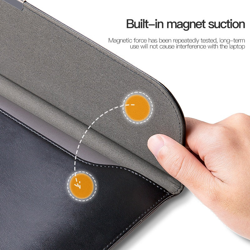 For 13-14 Inch Laptop PU Leather Carrying Bag Magnetic Closure Horizontal Notebook Sleeve - Black