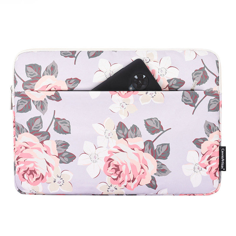 Canvasartisan H40-11 Shockproof Sleeve Bag for 15-inch Laptops Portable Carrying Case Rose Pattern Printed Storage Bag with Outer Pouch - Grey