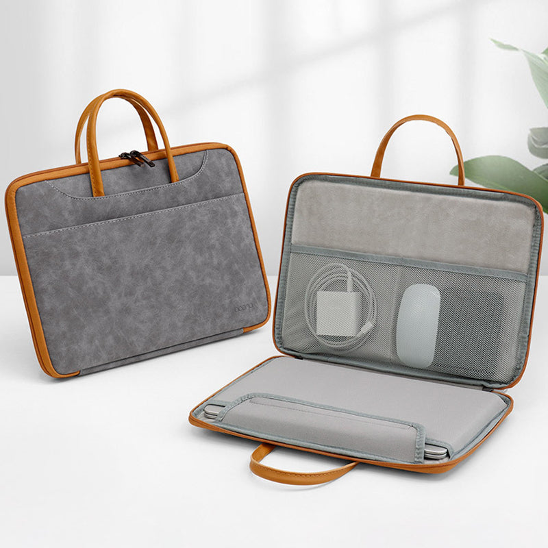 Uniqkart 15 / 15.6 / 16 Inch Laptop Carrying Case Waterproof Notebook Computer Handbag Leather Protection Sleeve - Grey / Brown