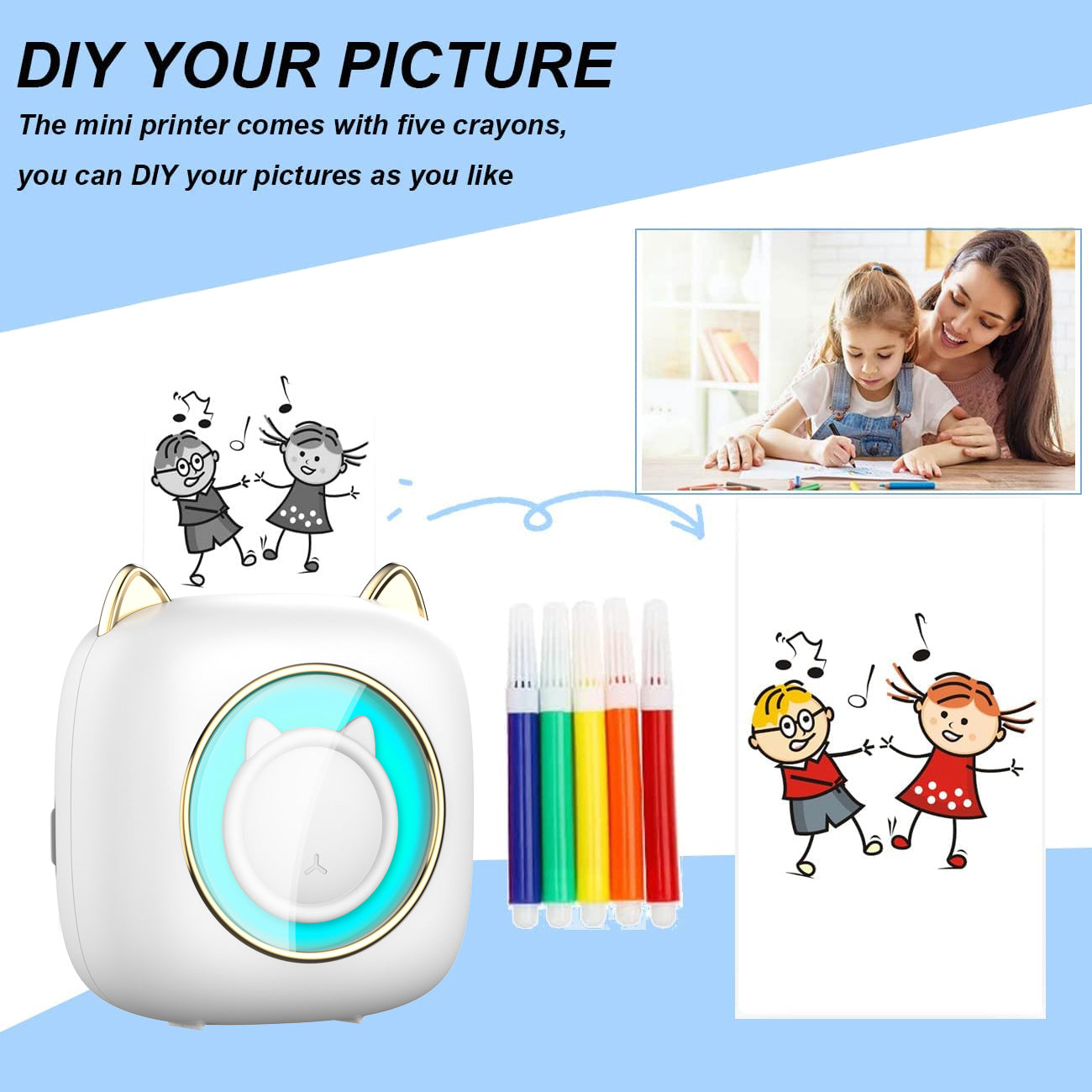 C23 Cute Mini Portable Printer Thermal 200DPI HD Printer with Colorful Light for Students