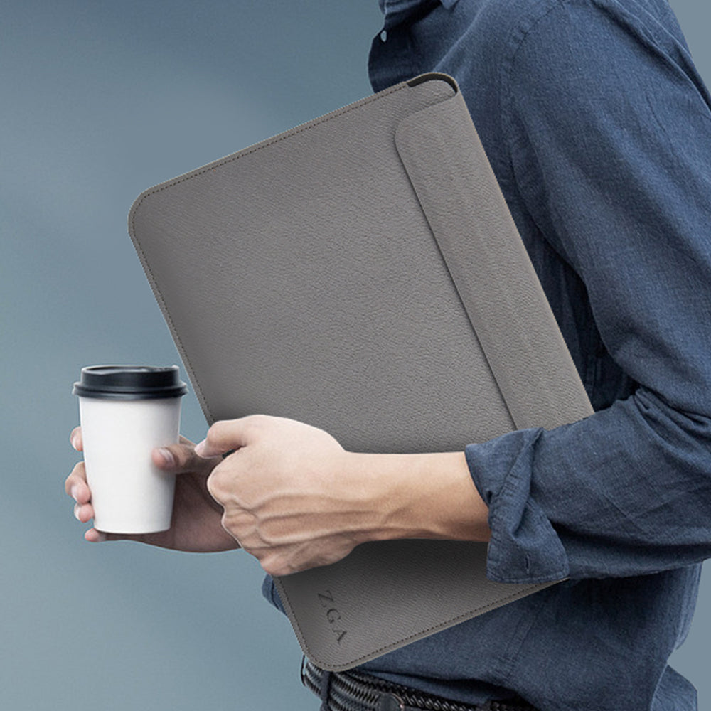 ZGA 16-Inch Notebook Computer Carrying Pouch Ultra-Thin Laptop Sleeve PU Leather Storage Bag Mouse Pad - Grey