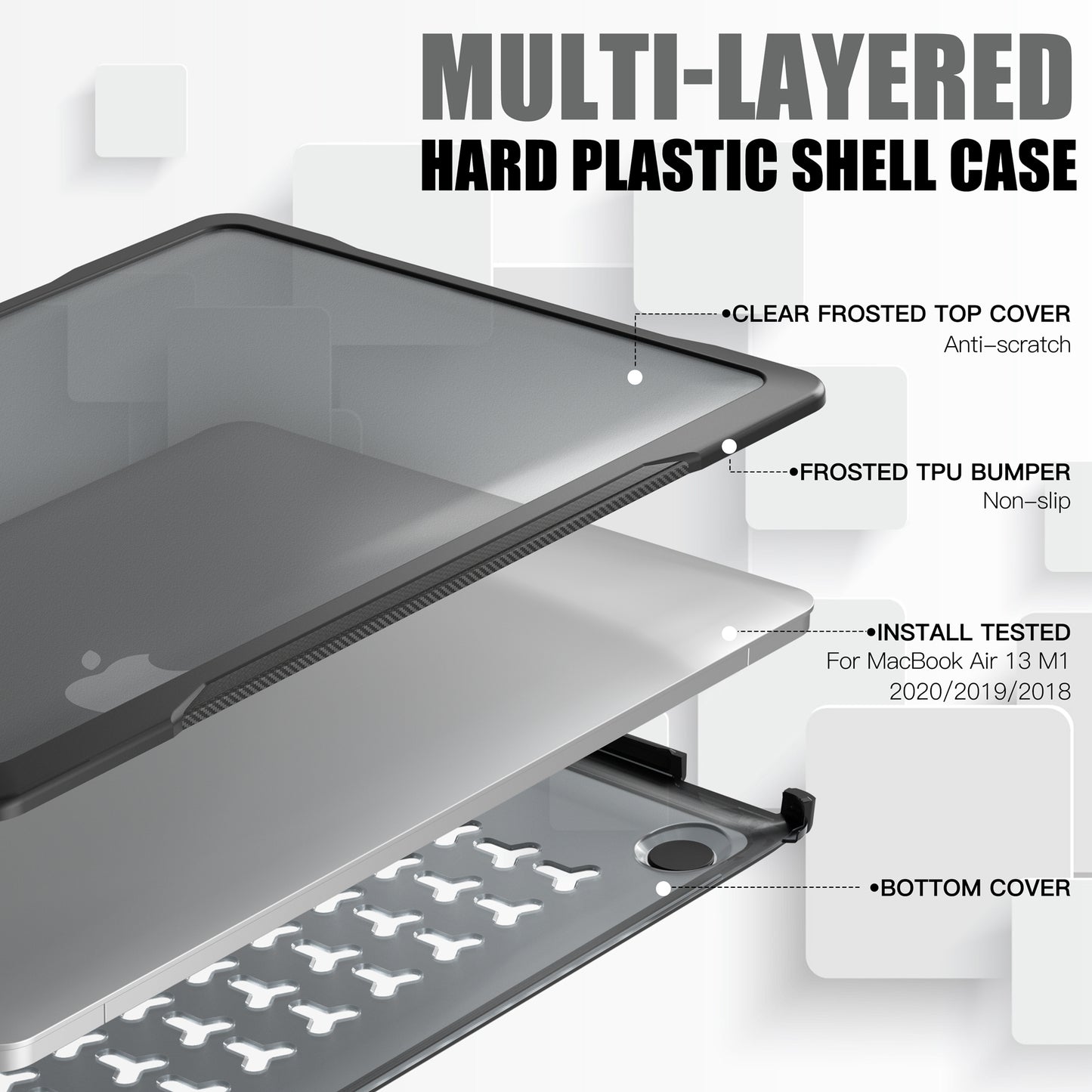 For MacBook Air 13 inch (2018) A1932 / (2020) A2337 M1 A2179 Shockproof PC+TPU Cover Anti-Drop Laptop Case - Transparent Black