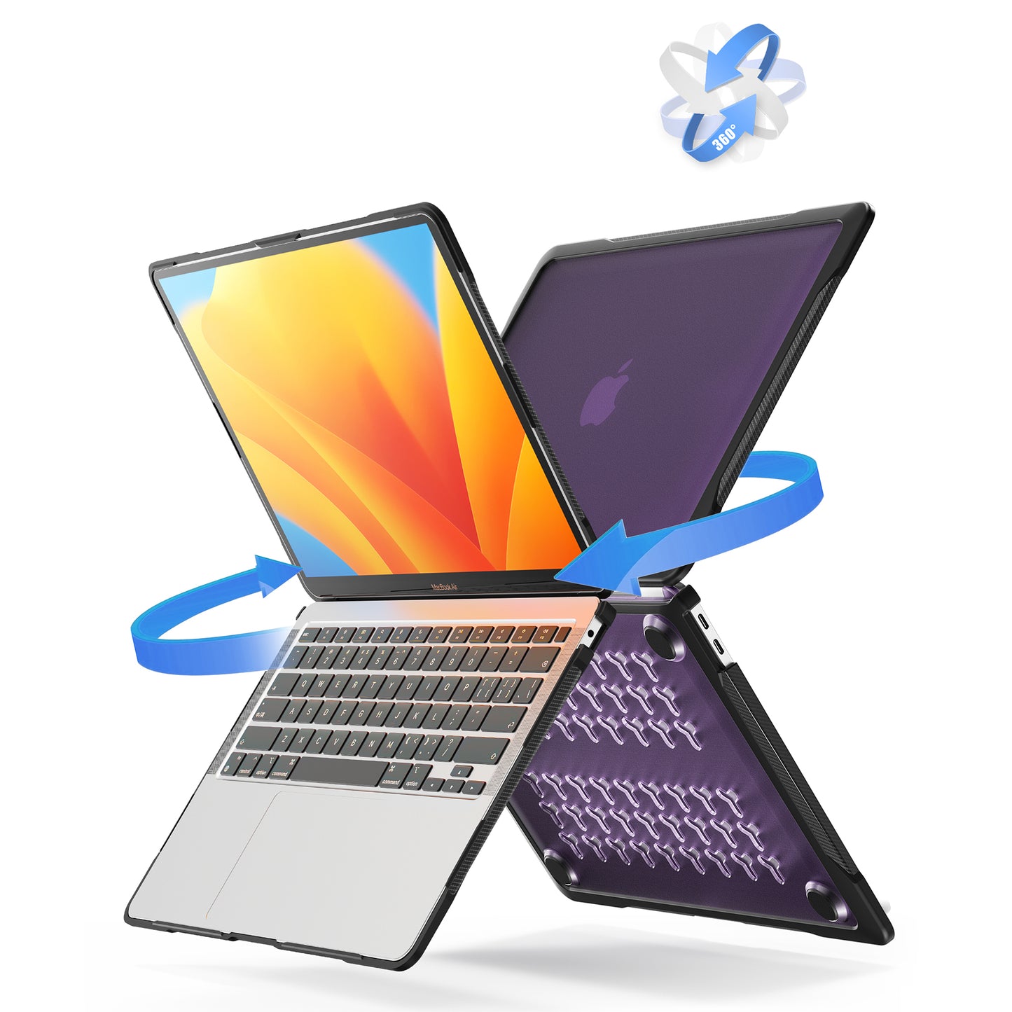 For MacBook Air 13 inch (2018) A1932 / (2020) A2337 M1 A2179 Shockproof PC+TPU Cover Anti-Drop Laptop Case - Transparent Purple