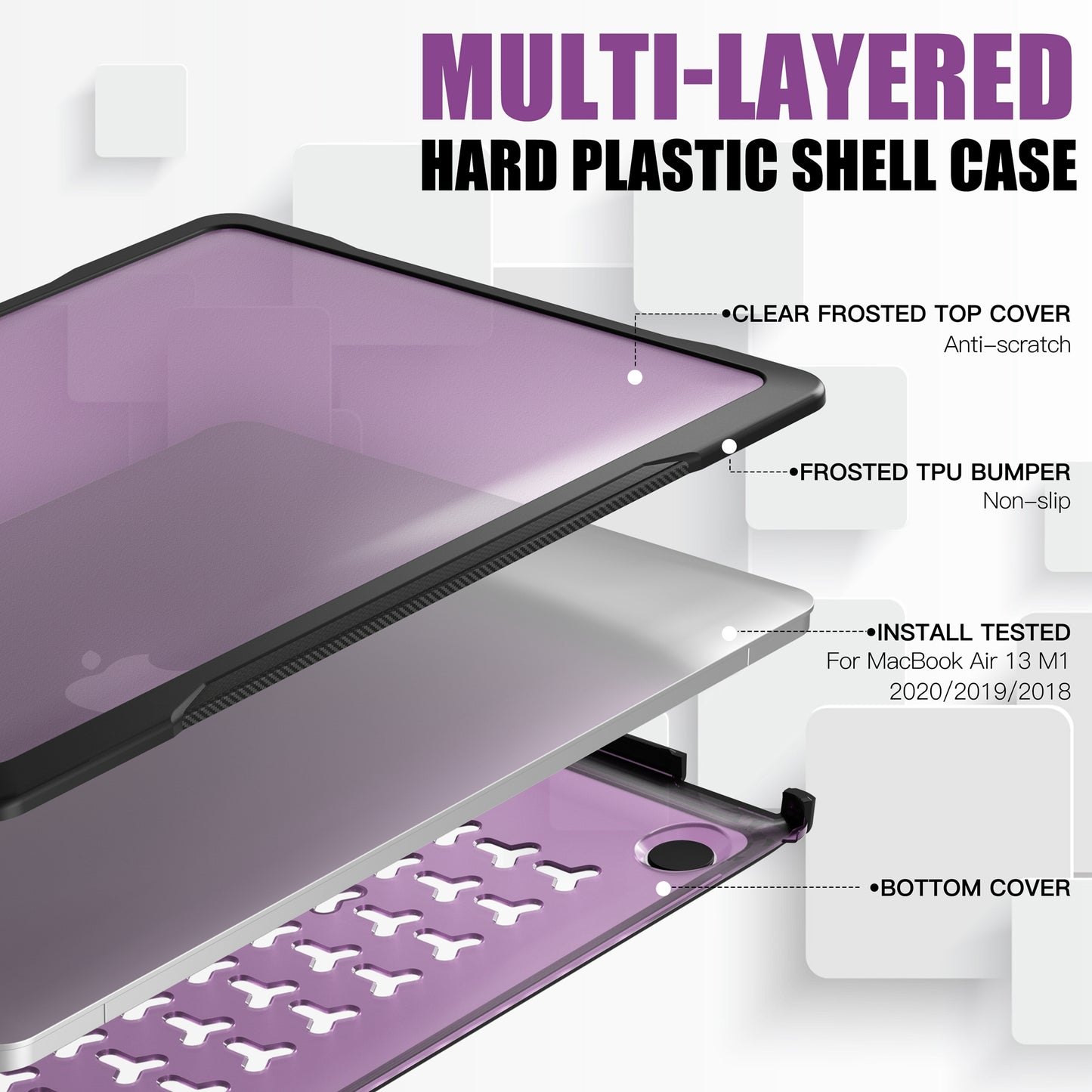 For MacBook Air 13 inch (2018) A1932 / (2020) A2337 M1 A2179 Shockproof PC+TPU Cover Anti-Drop Laptop Case - Transparent Purple