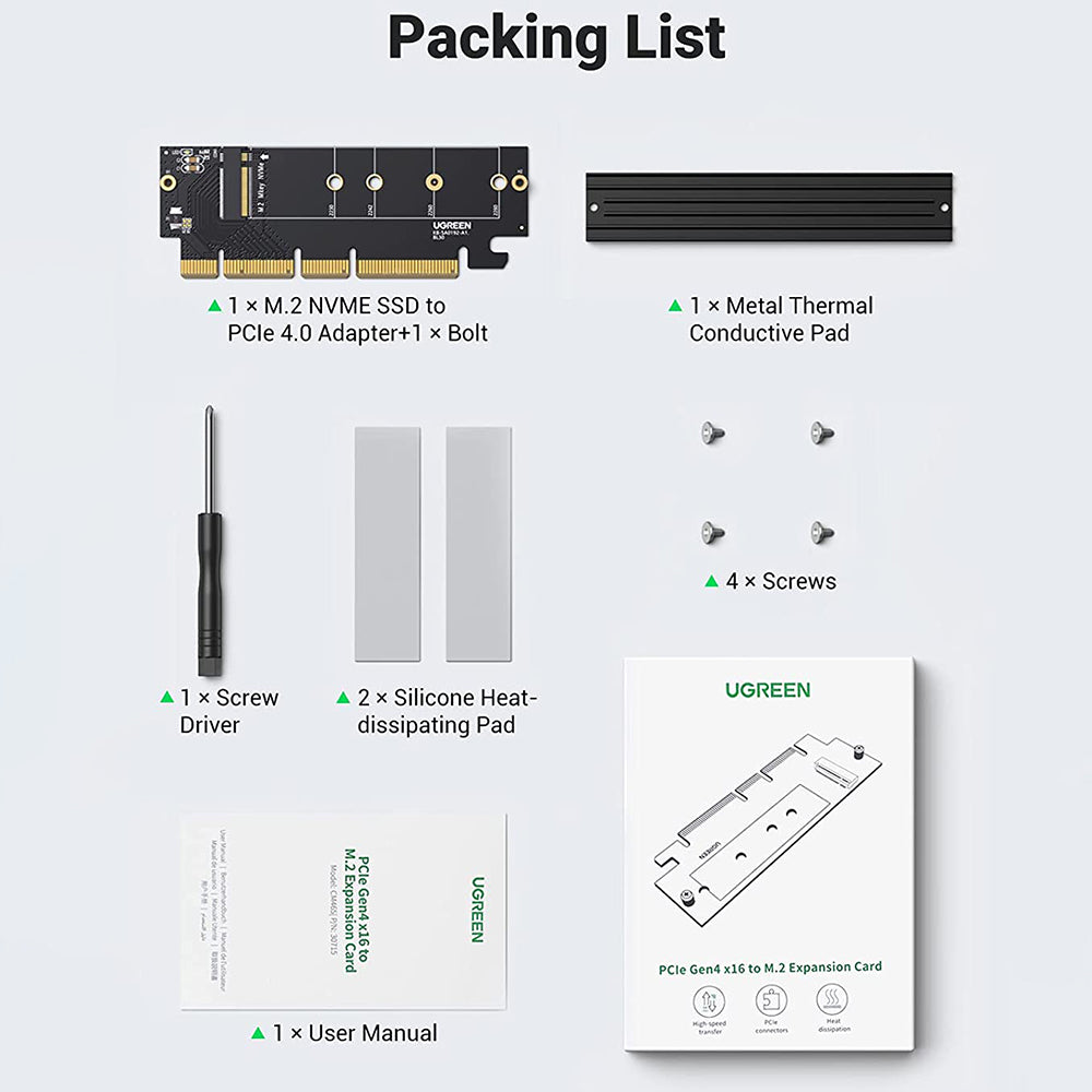 UGREEN 30715 NVMe PCIe Adapter PCle Gen4 x16 to M.2 Expansion Card M.2 SSD to PCIe 4.0 X16/X8/X4 Card with Heatsink M.2 PCIe Converter Compatible with Thunderbolt 3