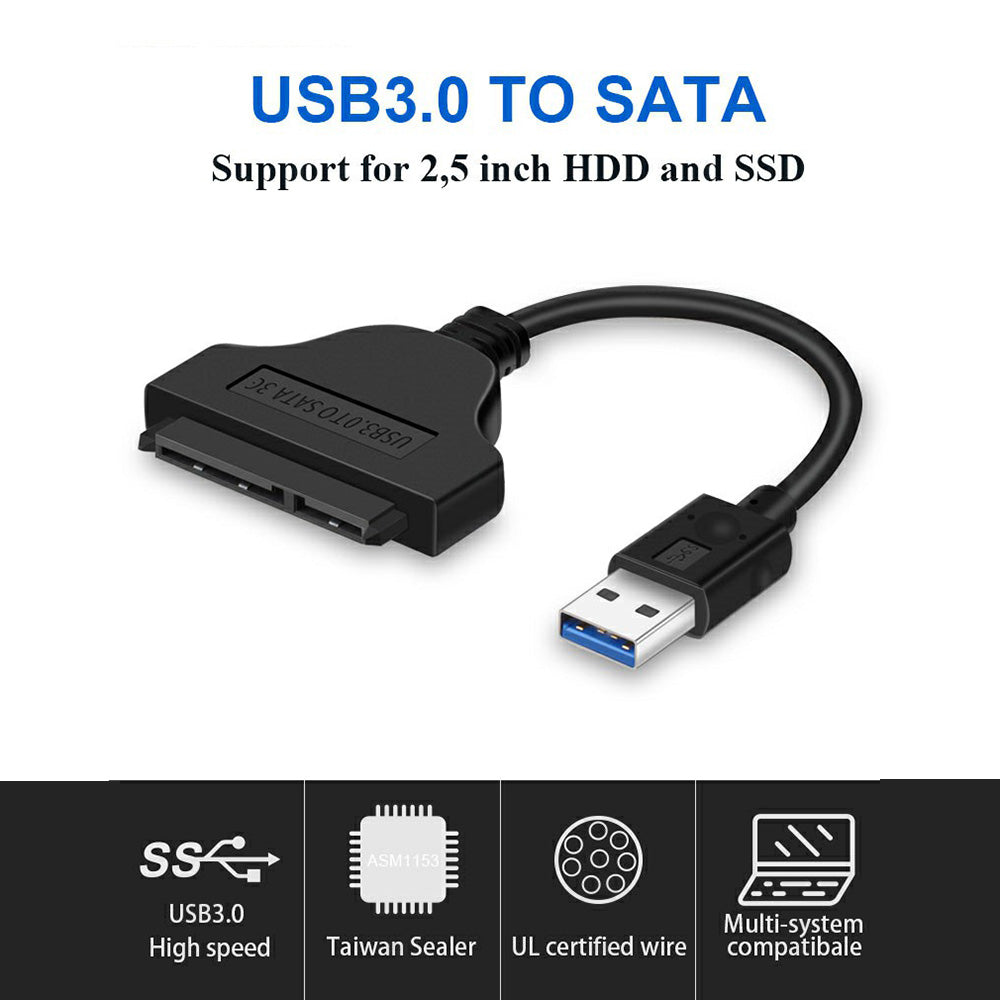 USB 3.0 to Sata 22-pin Adapter Cable Nickel-plated Connector Cord for 2.5 Inch HDD SSD (0.15m) - Black