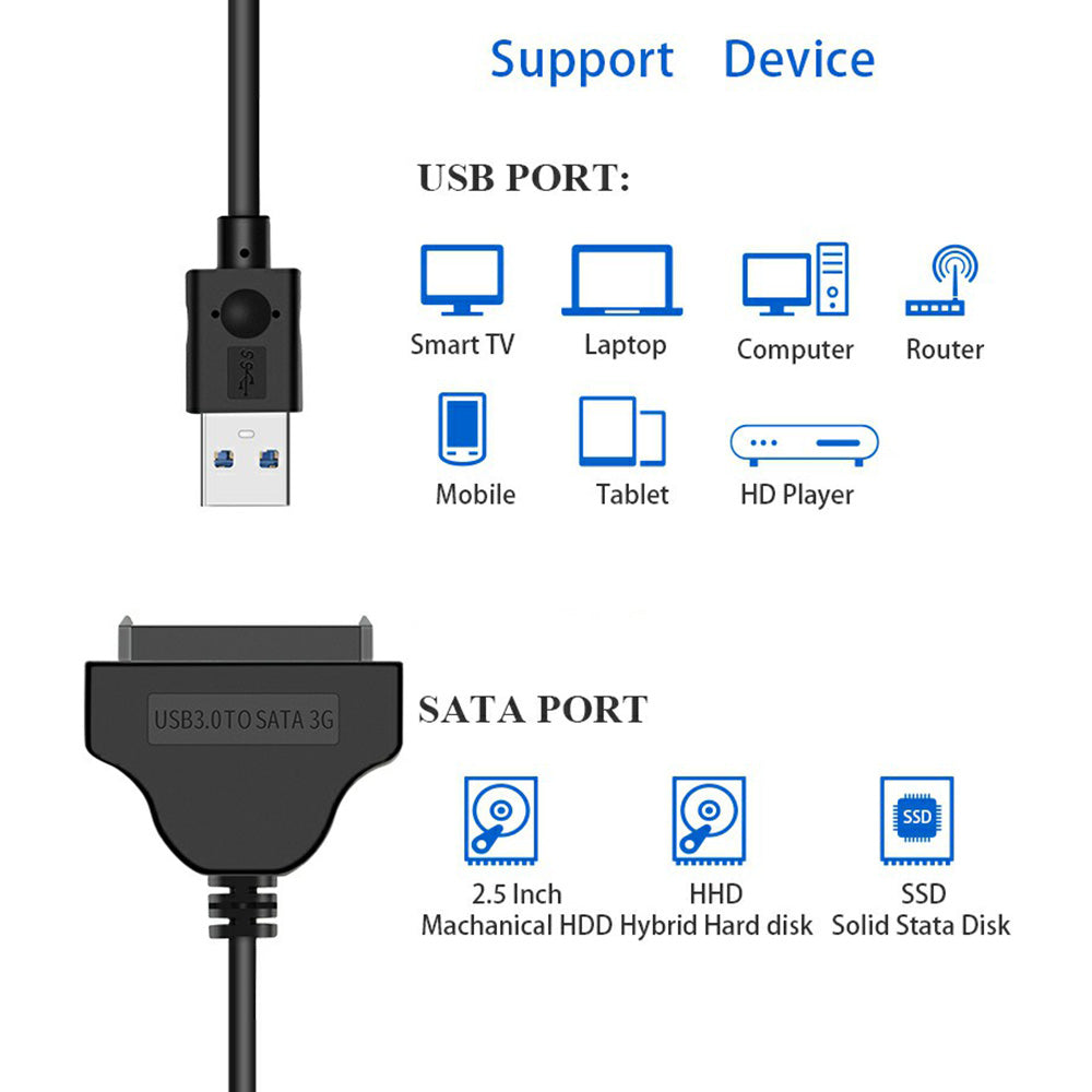 USB 3.0 to Sata 22-pin Adapter Cable Nickel-plated Connector Cord for 2.5 Inch HDD SSD (0.15m) - Black