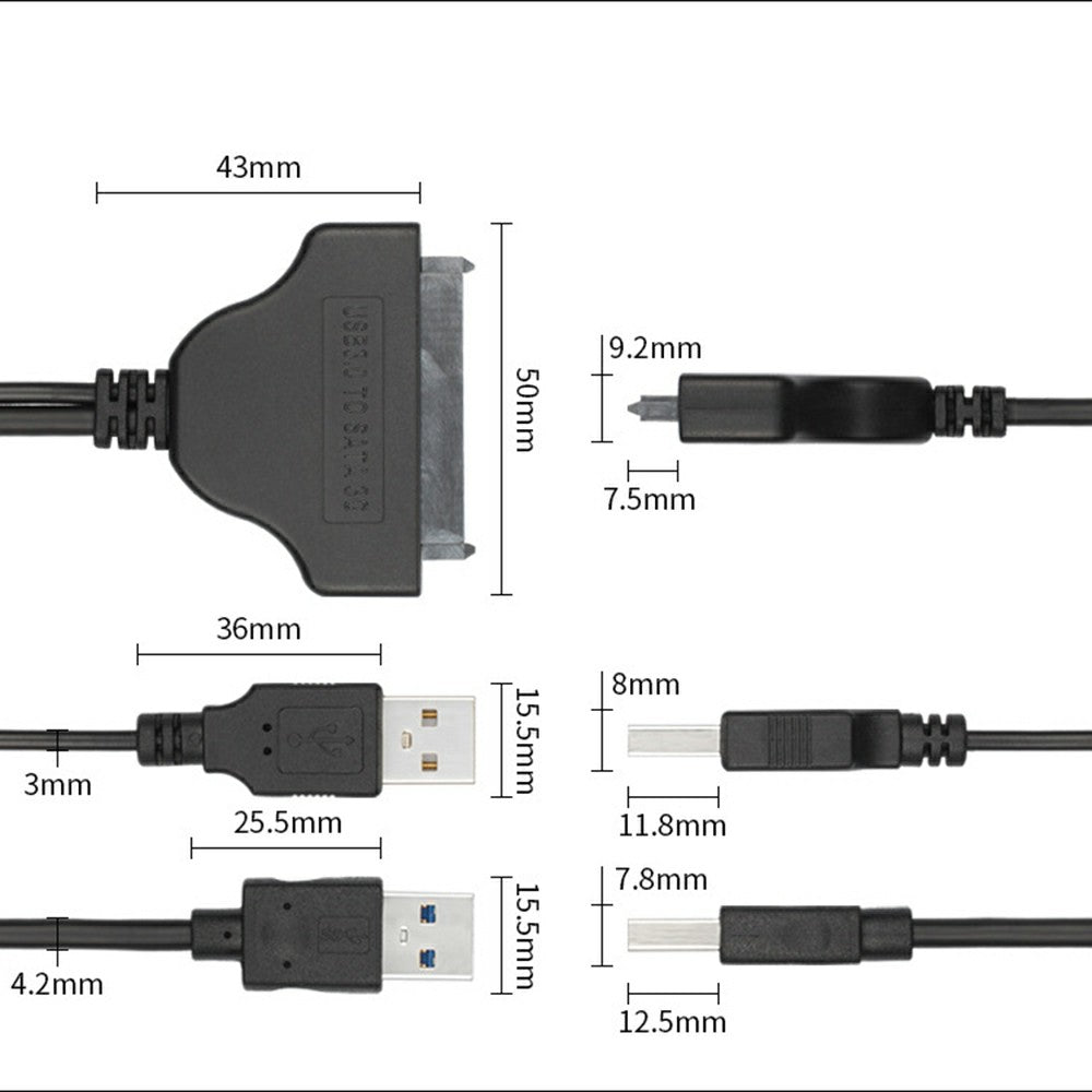 USB3.0+USB2.0 to SATA7+15 Adapter Cable Gold-plated Converter Cord for 2.5-inch HDD SSD (0.15m) - Black