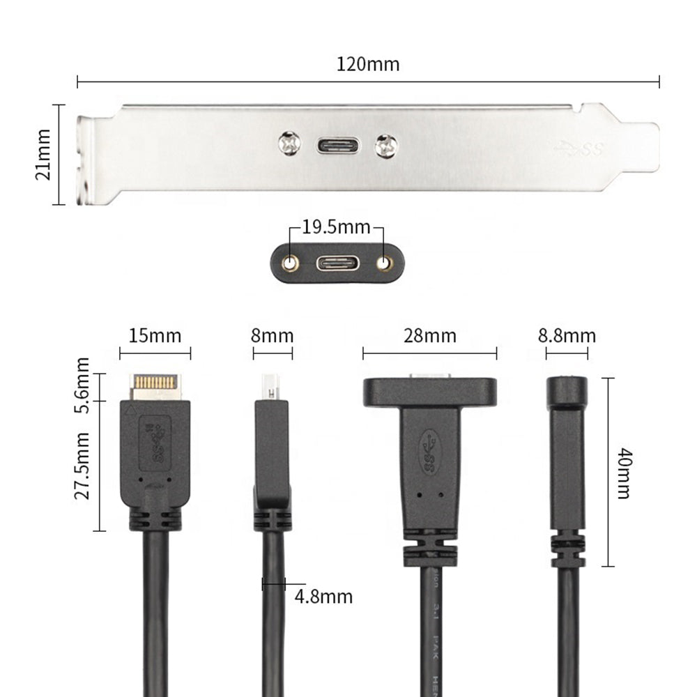 USB3.1 Type-E Male to Type-C Female Adapter High-speed Transmission Cable with Slot Panel Screw