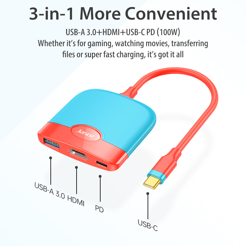 JASOZ H106 3-in-1 Type-C Hub HDMI PD USB3.0 Adapter Dock Station for Nintend Switch - Red