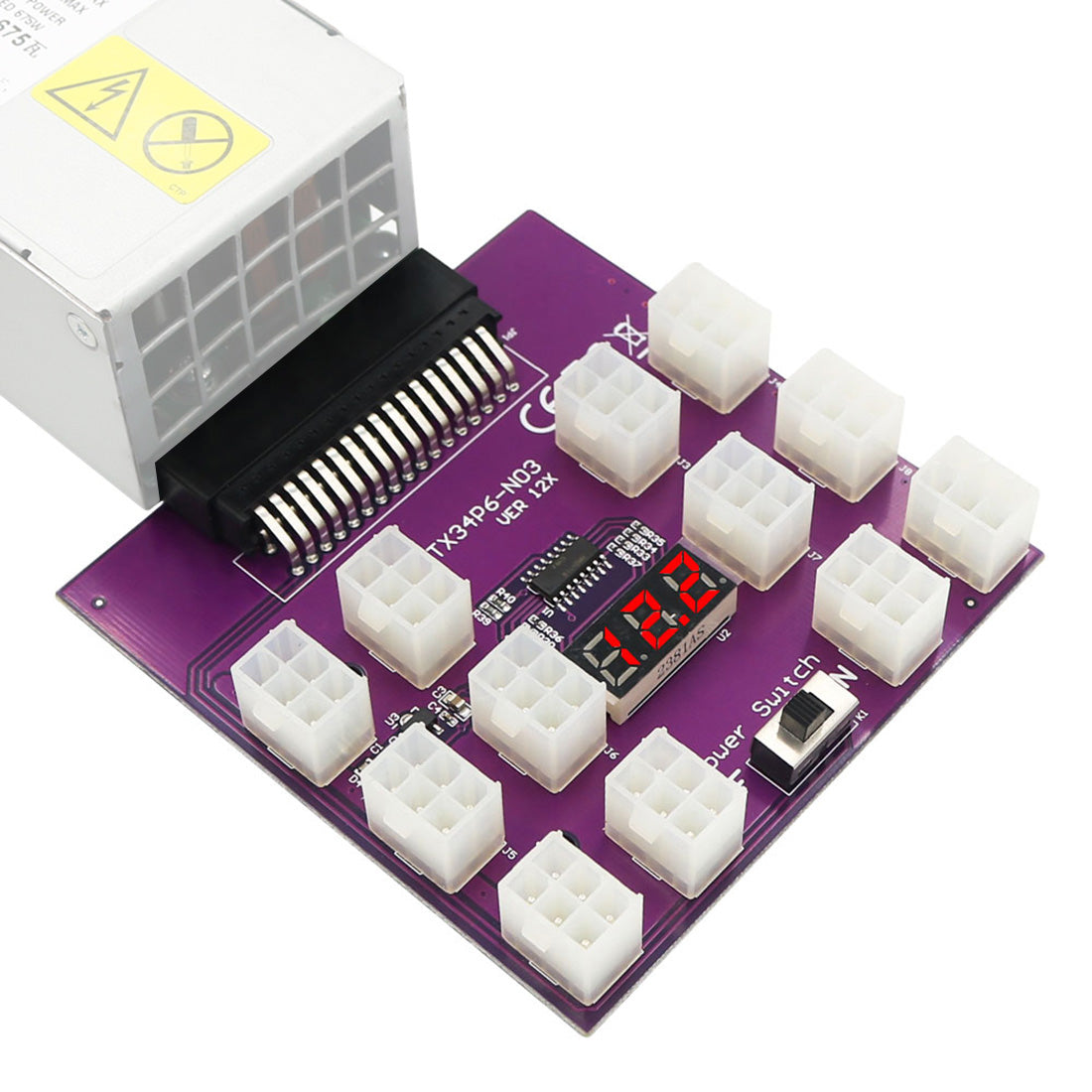 Power Breakout Board Adapter 12-port 12V PSU Server Breakout Board with 12 ATX 6-pin Power Connector/LED Display