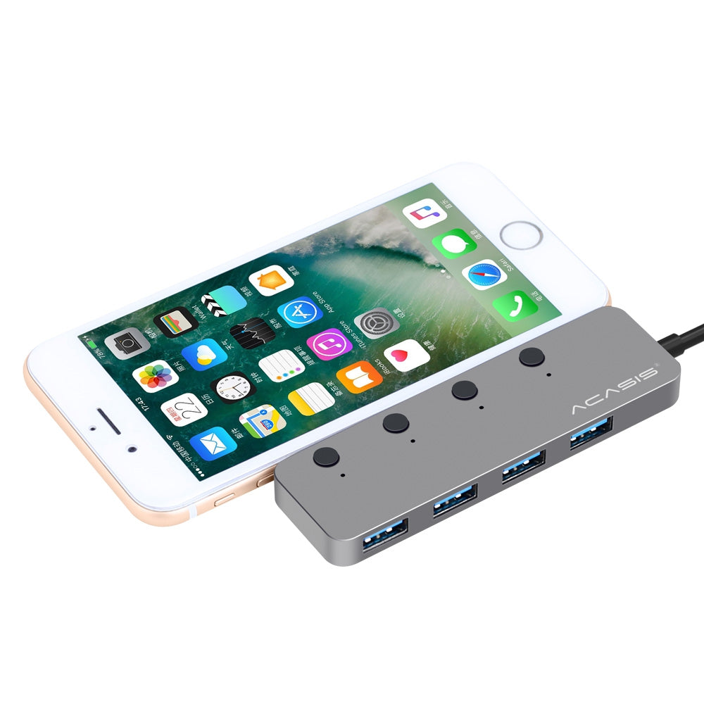 HS080S 1.2m Portable USB Hub USB3.0 to 4 USB3.0 Hub Adapter with Buttons Multi-Port Splitter Data Transfer Support 5Gbps High-Speed Transmission