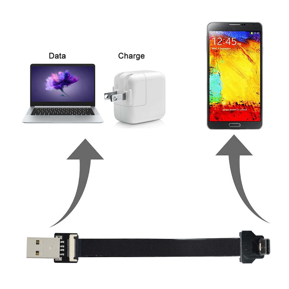 U2-039-UP-0.2M CN-011-MA/CN-013-UP/CN-019 480Mbps USB 2.0 Type-A Male to Up/Down Angled Type-C Male Flat Slim FPC Data Cable for FPV/Disk/Phone