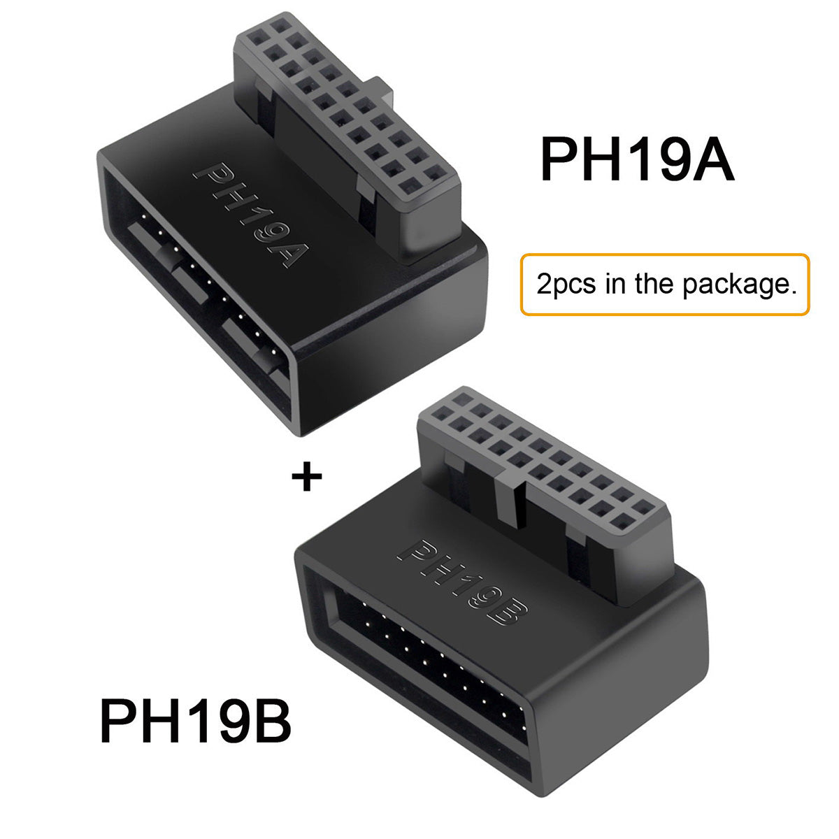 U3-091 PH19A+PH19B 2Pcs USB 3.0 20Pin Male to Female Extension Adapter Up and Down Angled 90 Degree Overmold Converter
