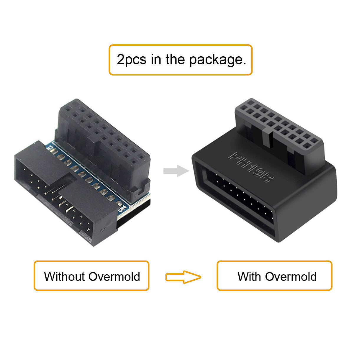 U3-091 PH19A+PH19B 2Pcs USB 3.0 20Pin Male to Female Extension Adapter Up and Down Angled 90 Degree Overmold Converter