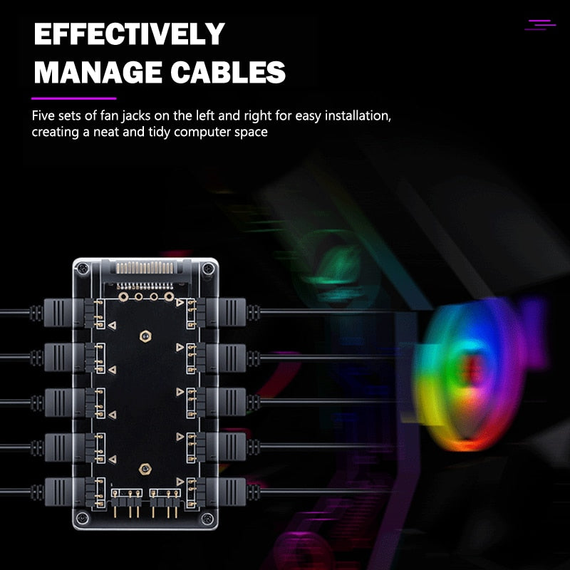 10-Channel RGB Hub 12V 4Pin AURA Synchronous Motherboard RGB Fan Hub with 10 Ports