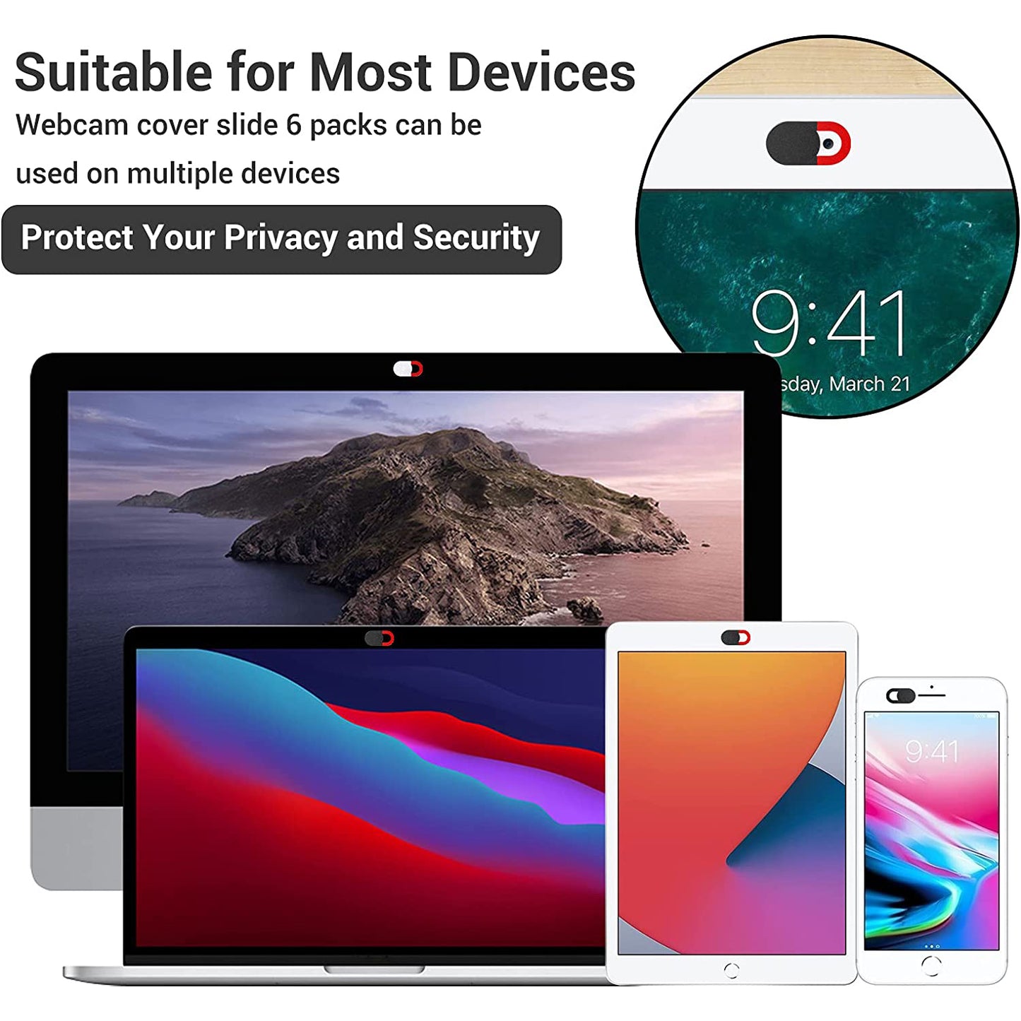 3Pcs Webcam Cover Slide Privacy Security Ultra-Thin Laptop Camera Cover Slide for Phone / Tablet / PC - Black / Red