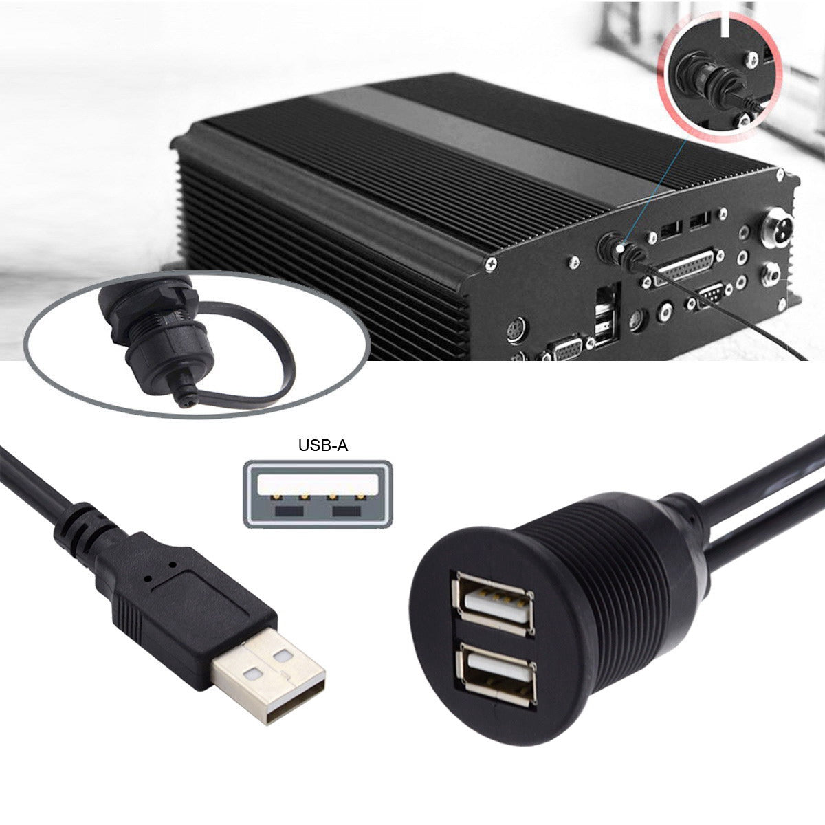 U2-024-1.0M Waterproof USB 2.0 Cable Male to Dual Female USB Hub Extension Line 480Mbps Data Transfer Power Cable Mount Cable for Car Boat Mount Cord 1m