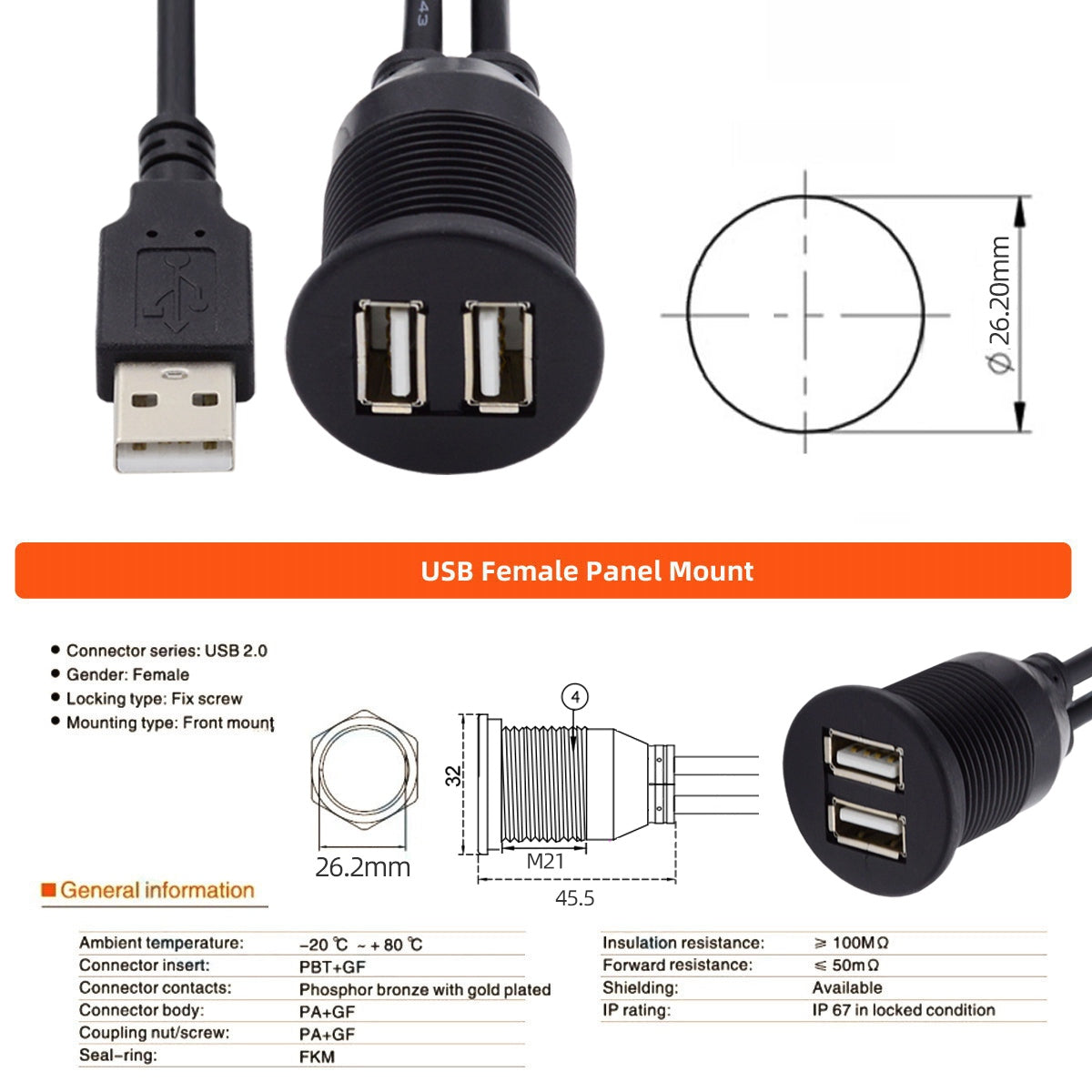 U2-024-1.0M Waterproof USB 2.0 Cable Male to Dual Female USB Hub Extension Line 480Mbps Data Transfer Power Cable Mount Cable for Car Boat Mount Cord 1m