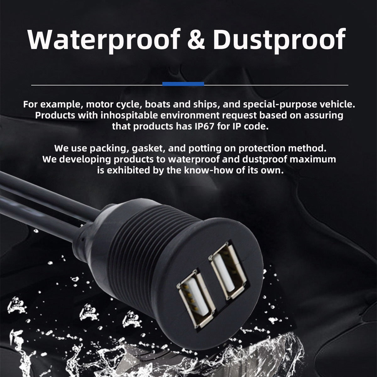 U2-024-1.0M Waterproof USB 2.0 Cable Male to Dual Female USB Hub Extension Line 480Mbps Data Transfer Power Cable Mount Cable for Car Boat Mount Cord 1m