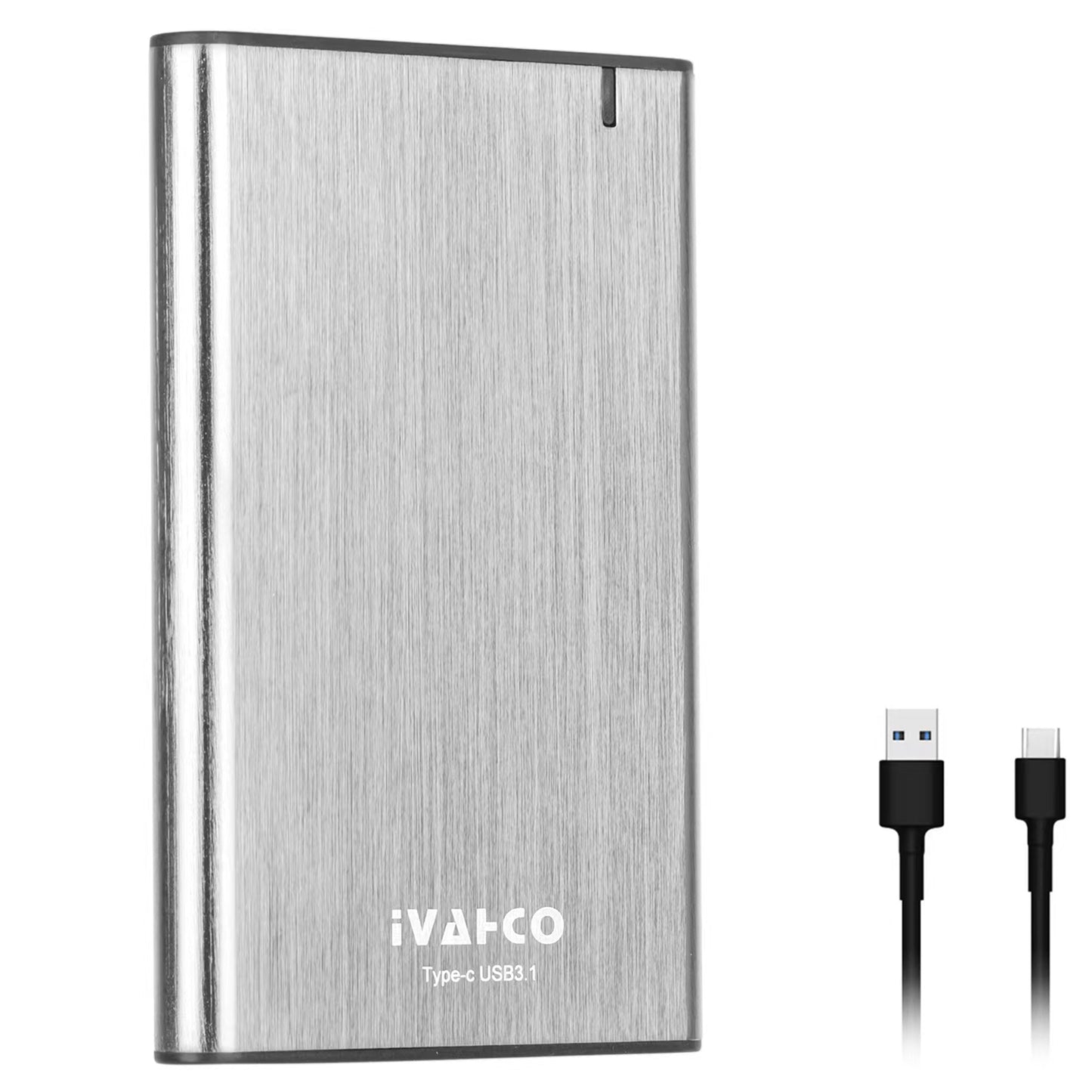 IVAHCO 500GB Type-C USB3.1 2.5" HDD External Case Brushed Metal Solid State Drive Enclosure with Indicator - Silver