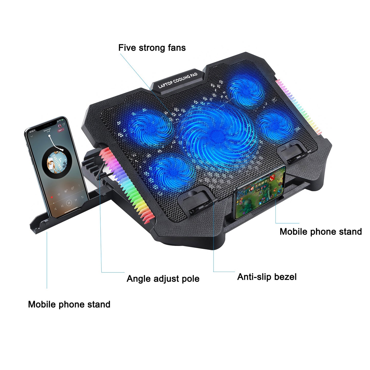 S500 Height Adjustable Laptop Cooling Base 5-Fan Radiator Notebook Cooler Stand with Phone Holder Design