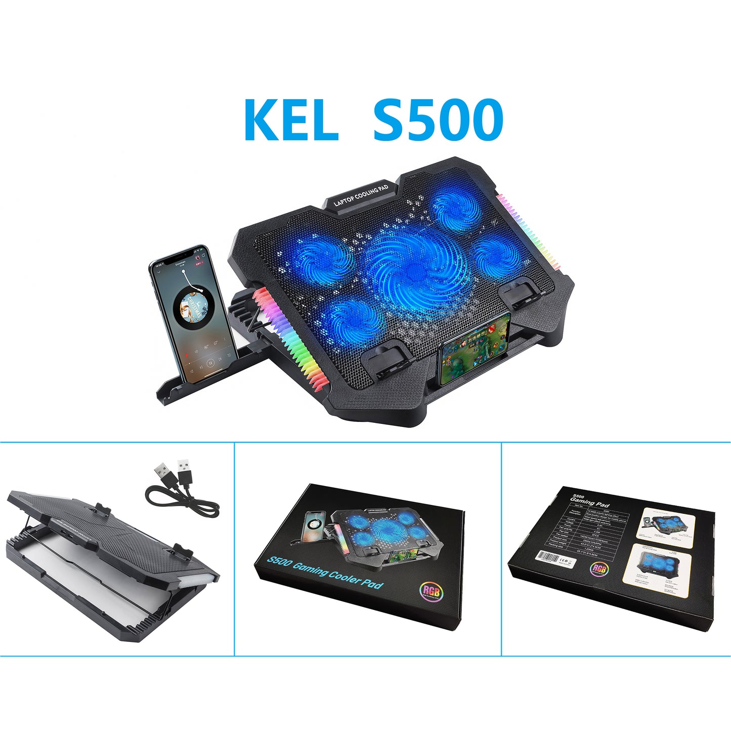 S500 Height Adjustable Laptop Cooling Base 5-Fan Radiator Notebook Cooler Stand with Phone Holder Design