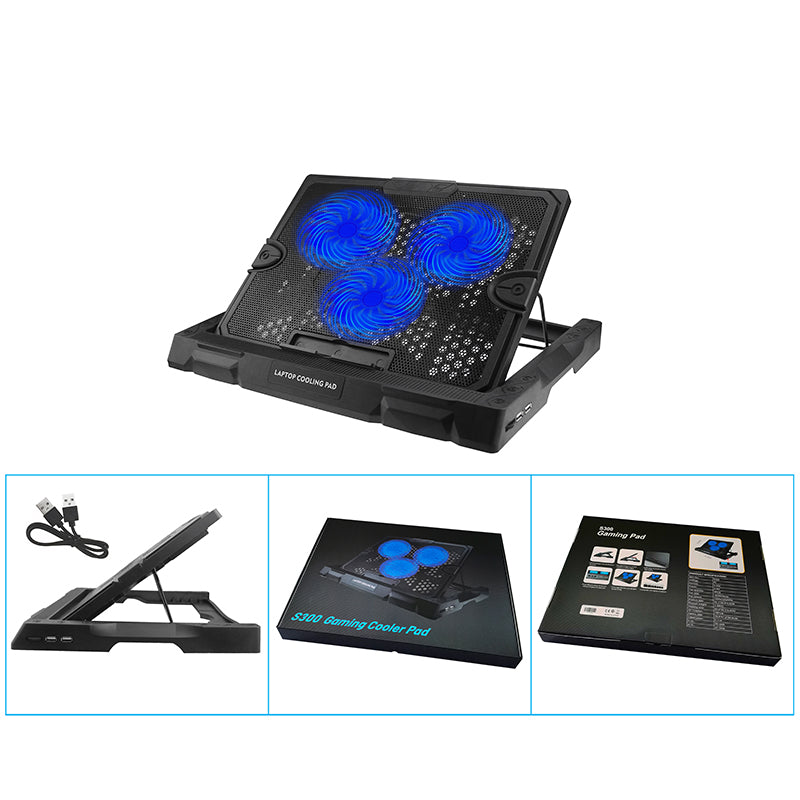 S300 3-Fan Laptop Cooling Stand Desktop Adjustable Wind Speed Notebook Fan Cooler - Blue Light