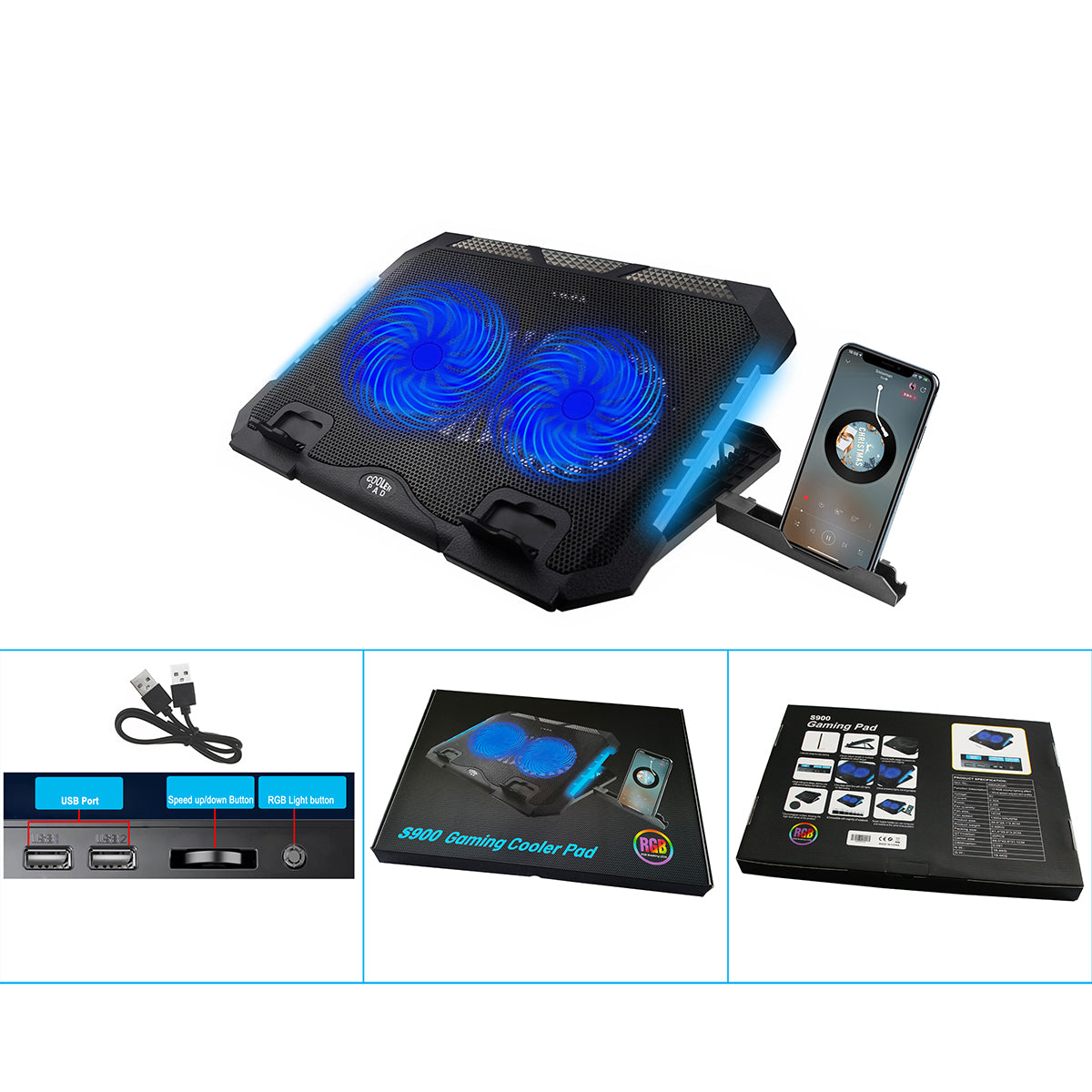 S900 Dual Fan Laptop Cooling Stand 7-Gear Height RGB Light Notebook Fan Cooler with Phone Stand