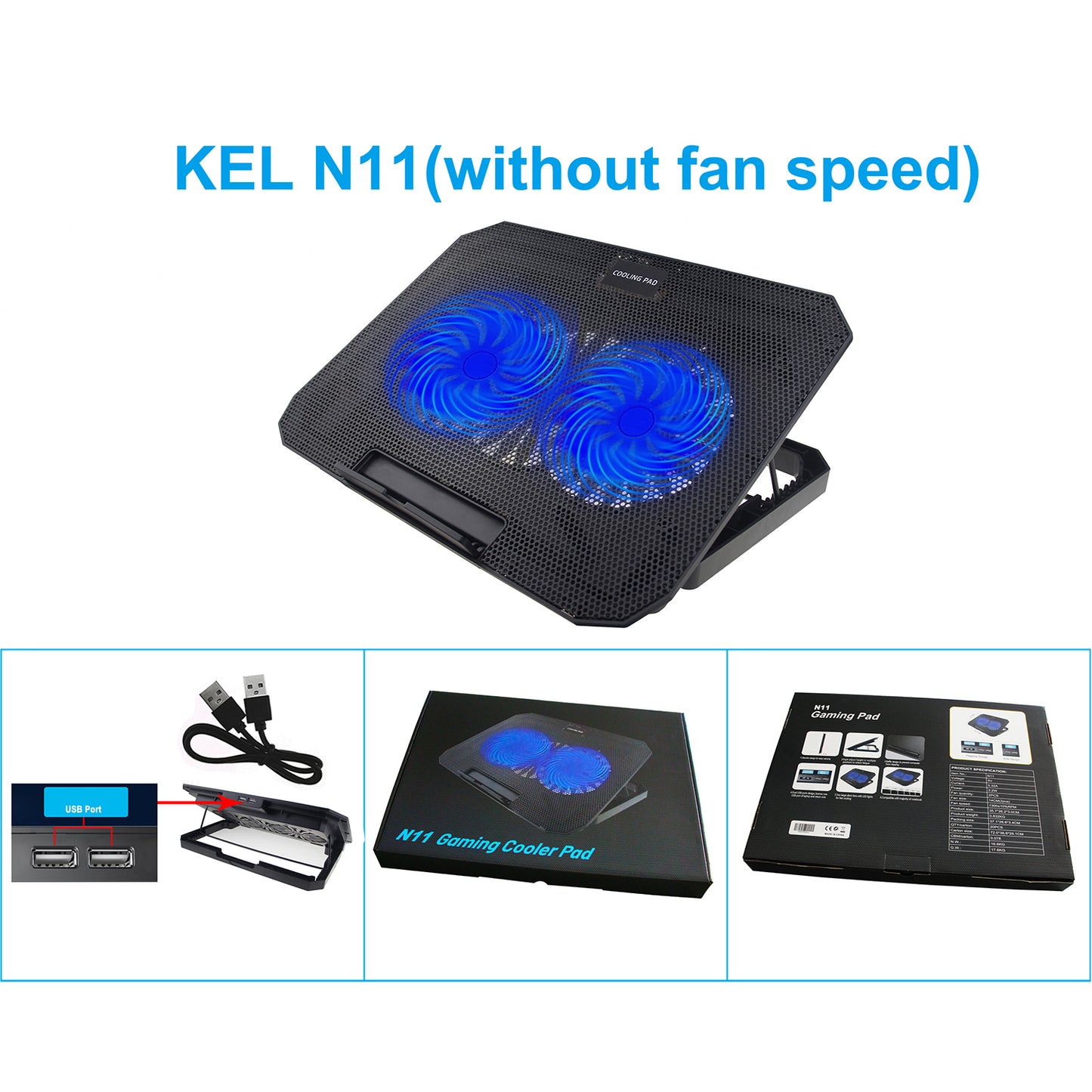 N11 8-Gear Height Adjustable Mute Notebook Dual Fan Cooler Desktop Laptop Cooling Stand - Blue Light