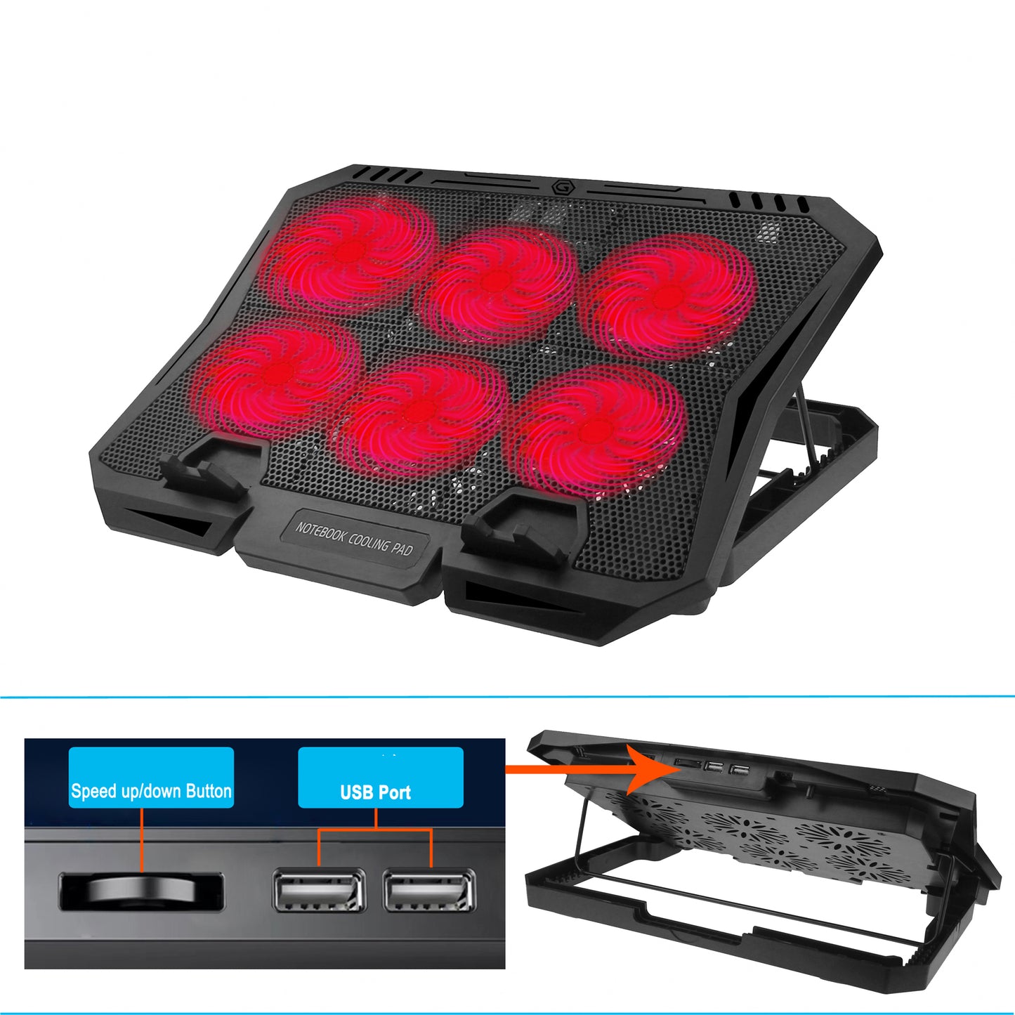 X6B 7-Gear Height 6-Fan Laptop Cooling Stand Adjustable Wind Speed Notebook Cooler - Red Light