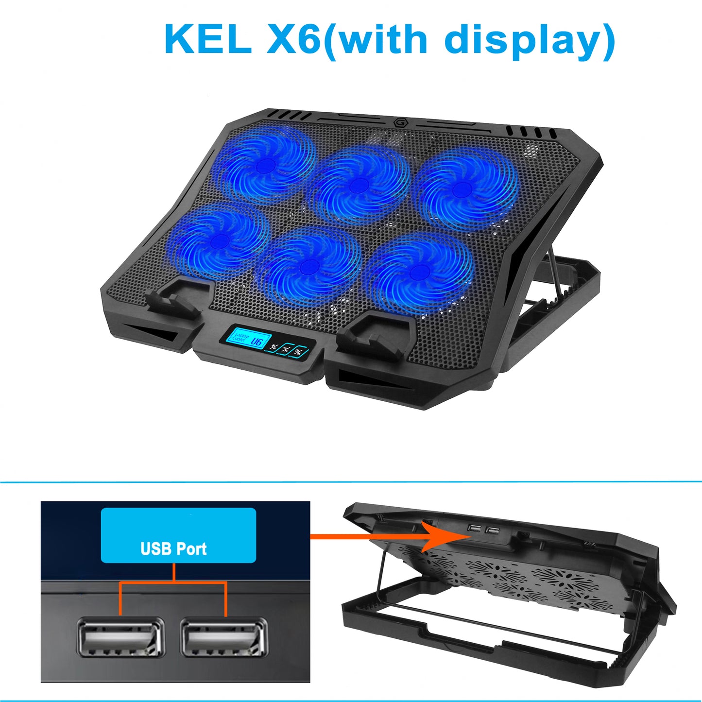 X6A 7-Gear Height Laptop Cooling Pad 6-Fan Radiator Notebook Cooler Stand with Display Screen - Blue Light