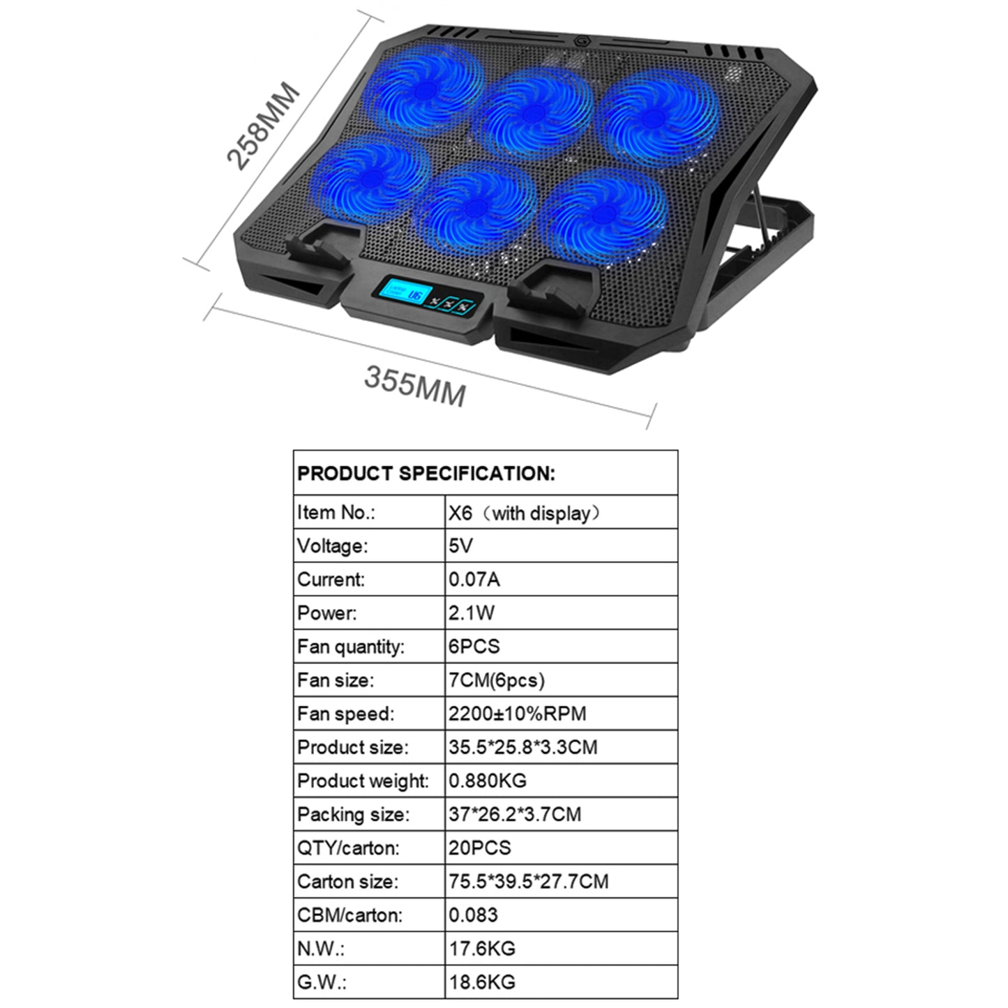 X6A 7-Gear Height Laptop Cooling Pad 6-Fan Radiator Notebook Cooler Stand with Display Screen - Red Light