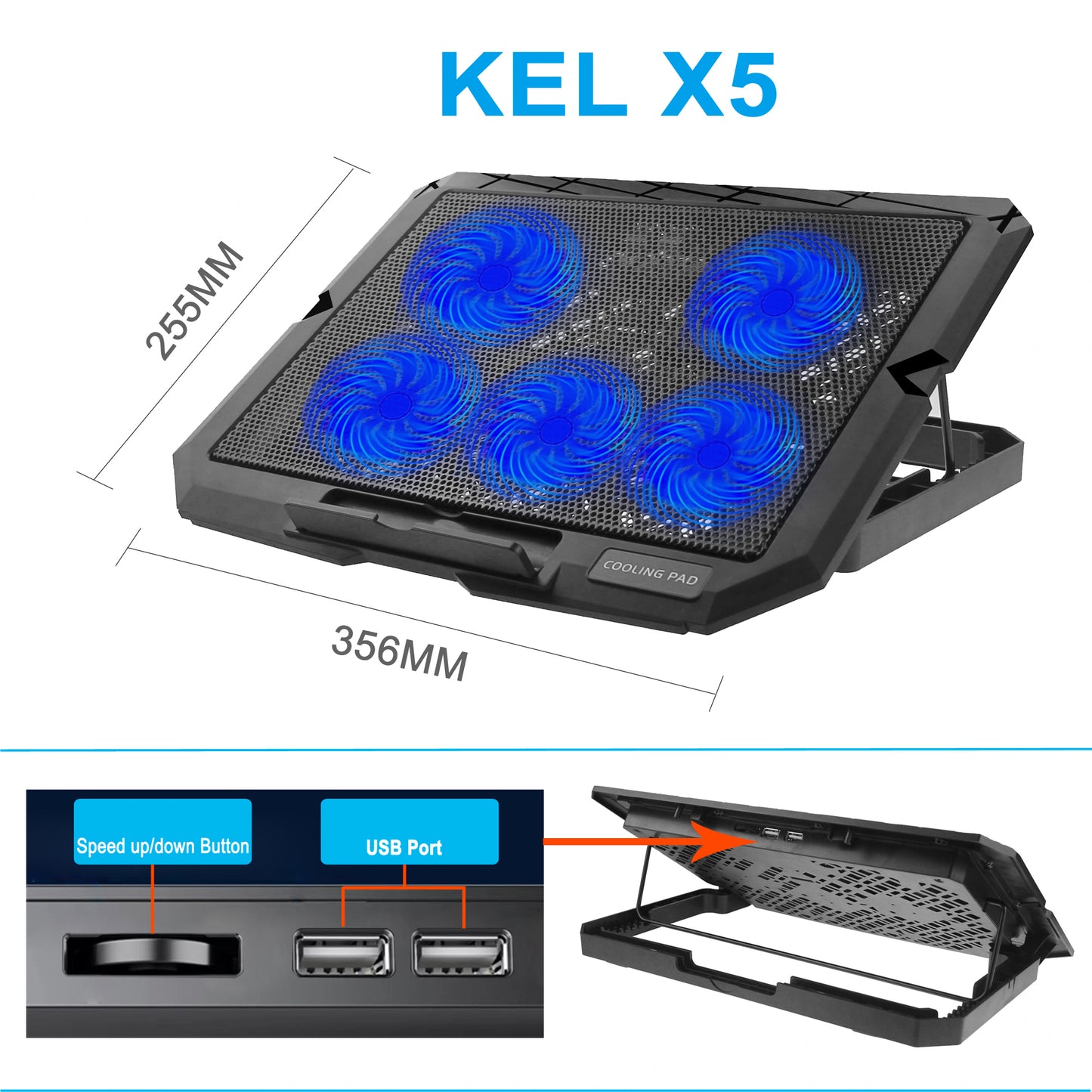 X5 Mute 5-Fan Laptop Cooling Stand Adjustable Wind Speed 7-Gear Height Notebook Cooler - Blue Light