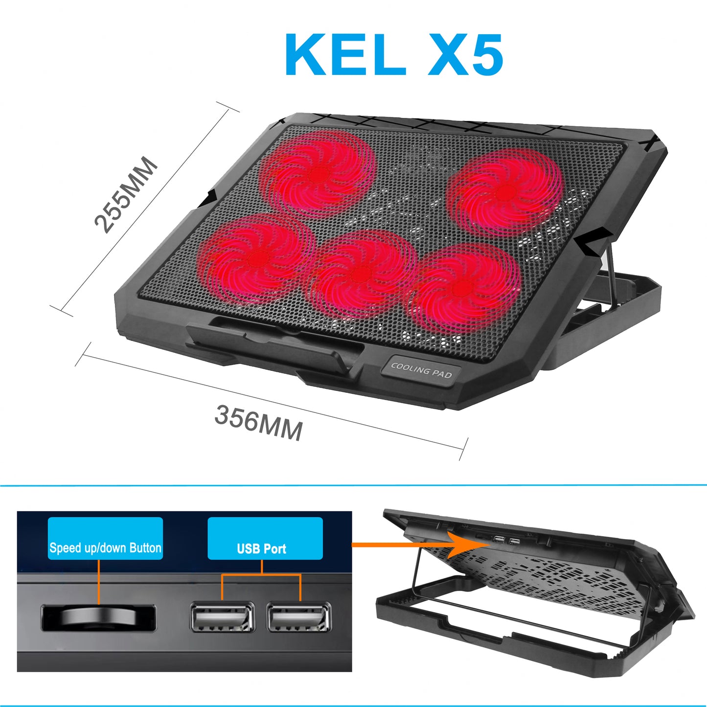 X5 Mute 5-Fan Laptop Cooling Stand Adjustable Wind Speed 7-Gear Height Notebook Cooler - Red Light