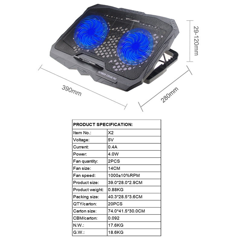 X2 Dual Fan Height Adjustable Mute Notebook Cooler Stand Desktop Laptop Cooling Pad