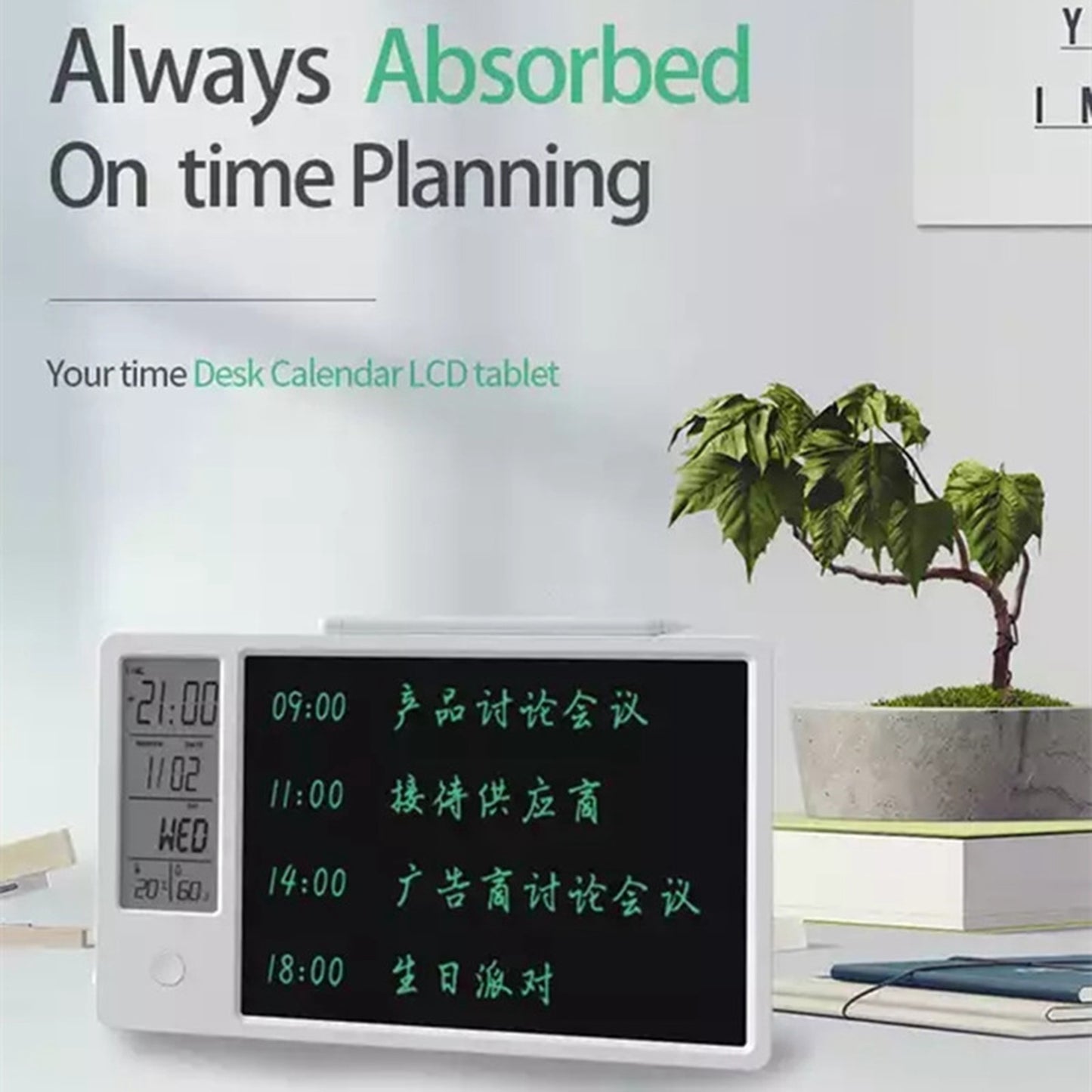 10-Inch LCD Writing Tablet Doodle Board Electronic Desktop Calendar Clock Reminder Office Memo Board with Week / Date / Year / Humidity / Temperature Display Function