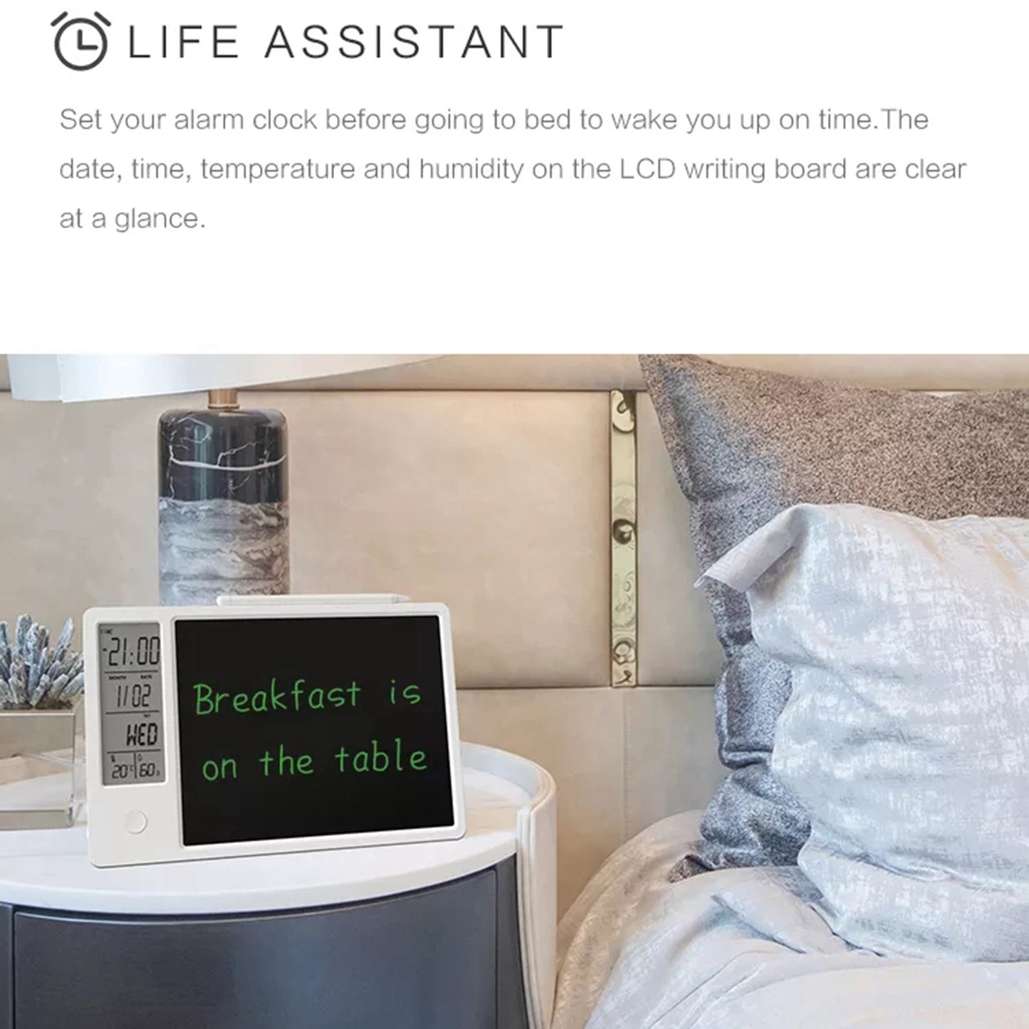 10-Inch LCD Writing Tablet Doodle Board Electronic Desktop Calendar Clock Reminder Office Memo Board with Week / Date / Year / Humidity / Temperature Display Function