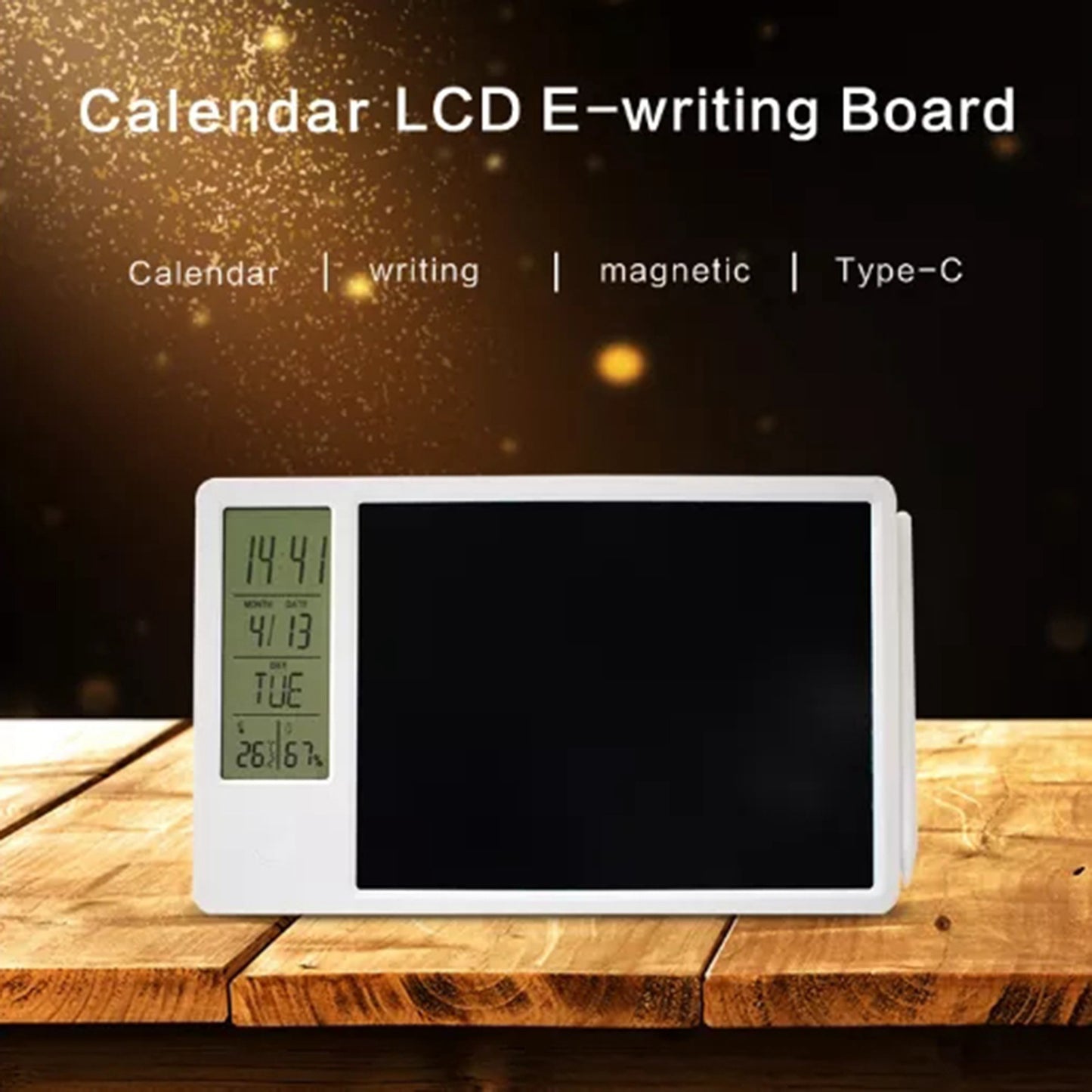 10-Inch LCD Writing Tablet Doodle Board Electronic Desktop Calendar Clock Reminder Office Memo Board with Week / Date / Year / Humidity / Temperature Display Function