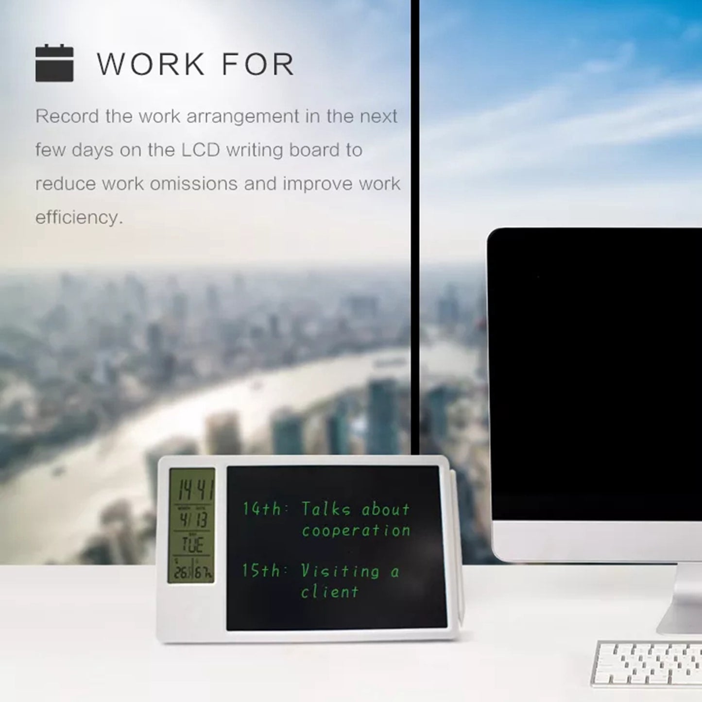 10-Inch LCD Writing Tablet Doodle Board Electronic Desktop Calendar Clock Reminder Office Memo Board with Week / Date / Year / Humidity / Temperature Display Function