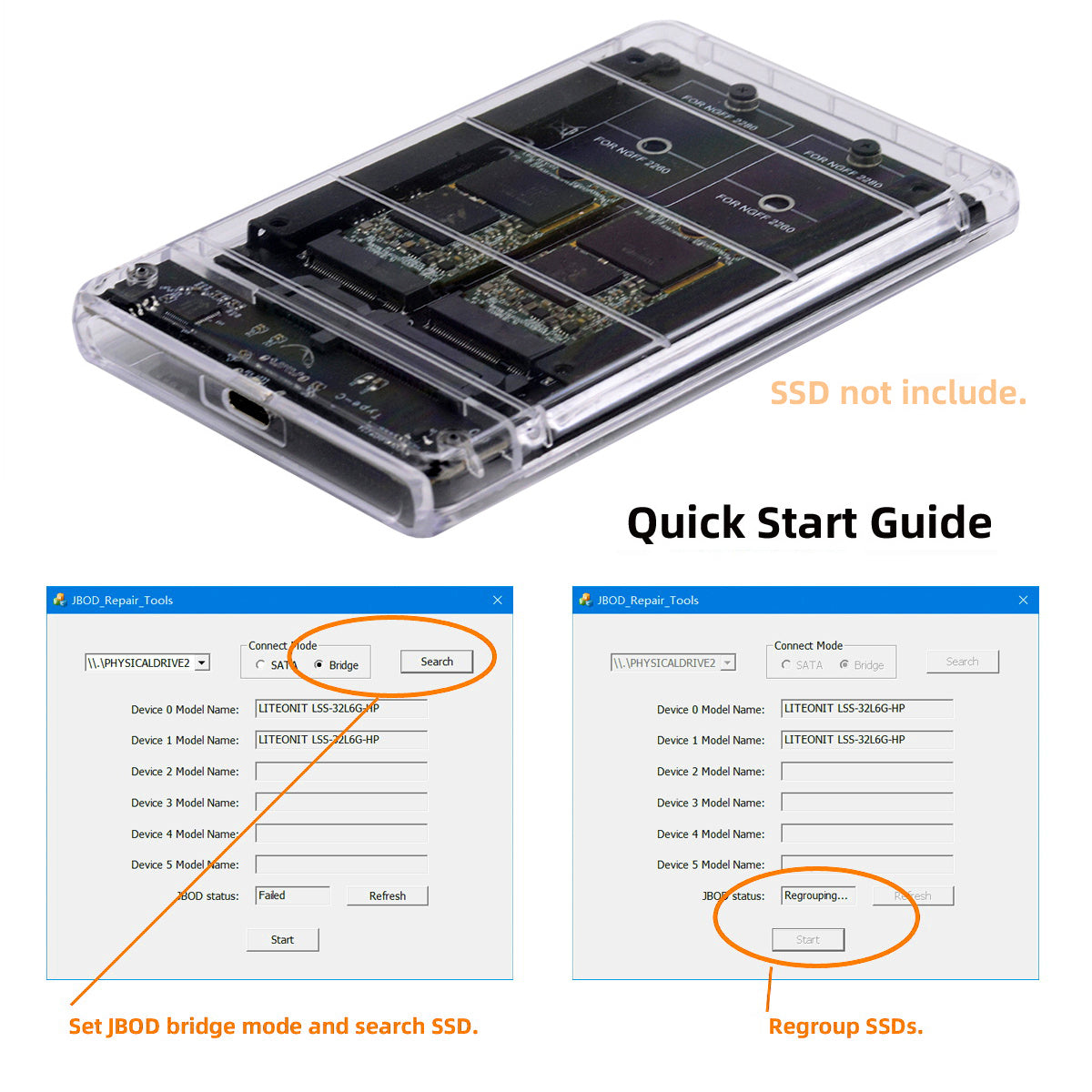 SA-031+UC-079 Dual NGFF B+M-Key M.2 SSD Card JOBD Raid0 Span Bridge to USB3.0 Type-C USB-C 2.5inch SATA Combo Enclosure