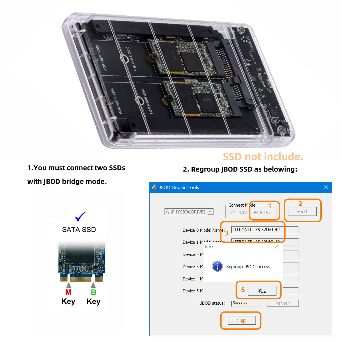 SA-031+UC-079 Dual NGFF B+M-Key M.2 SSD Card JOBD Raid0 Span Bridge to USB3.0 Type-C USB-C 2.5inch SATA Combo Enclosure