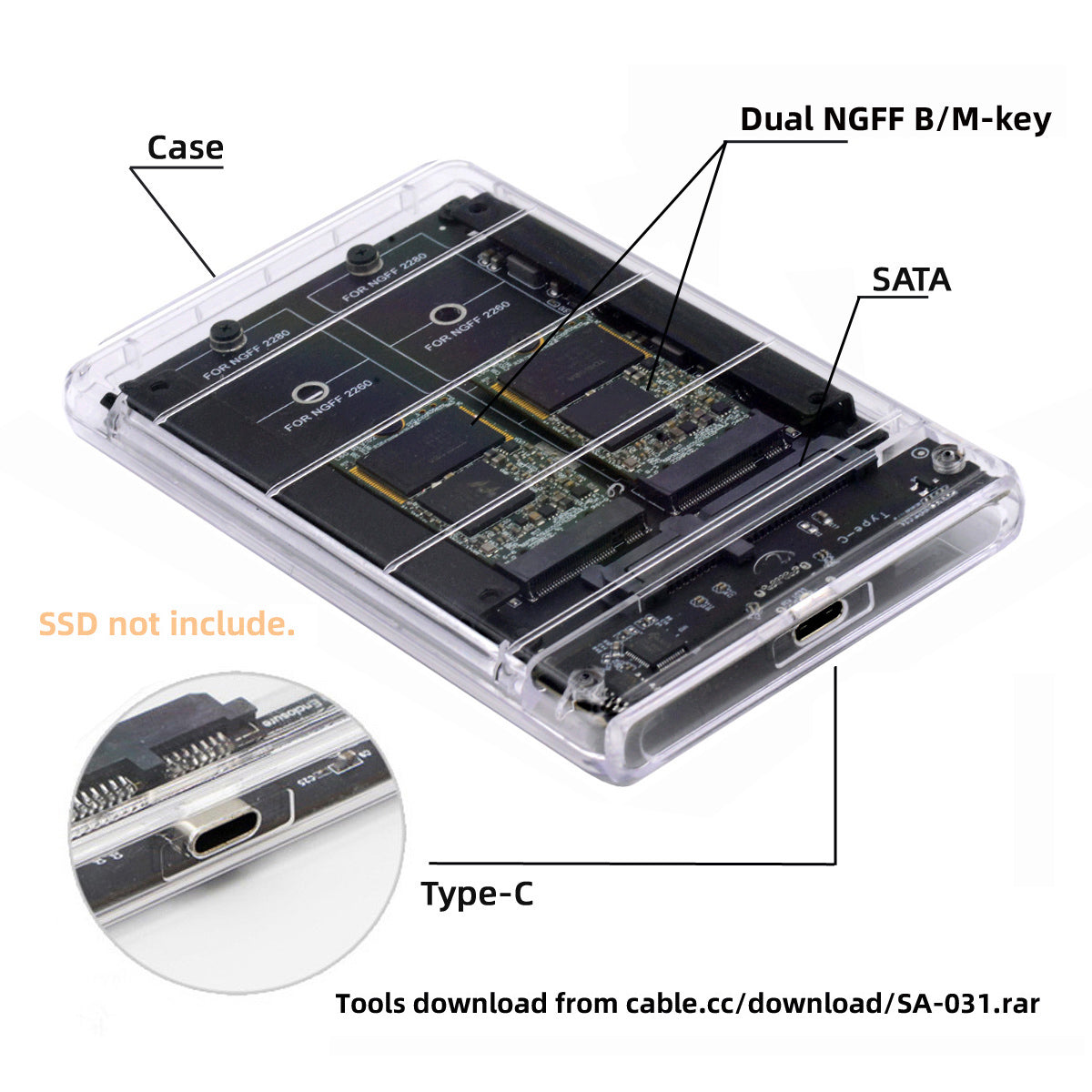 SA-031+UC-079 Dual NGFF B+M-Key M.2 SSD Card JOBD Raid0 Span Bridge to USB3.0 Type-C USB-C 2.5inch SATA Combo Enclosure